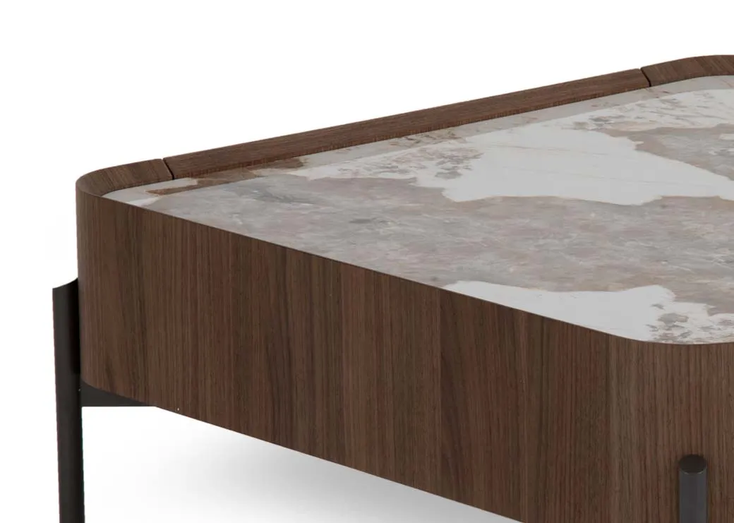 A large square brown coffee table with metal legs and walnut sides from EZ Livings Century range. Closeup of wood finish trim around sides