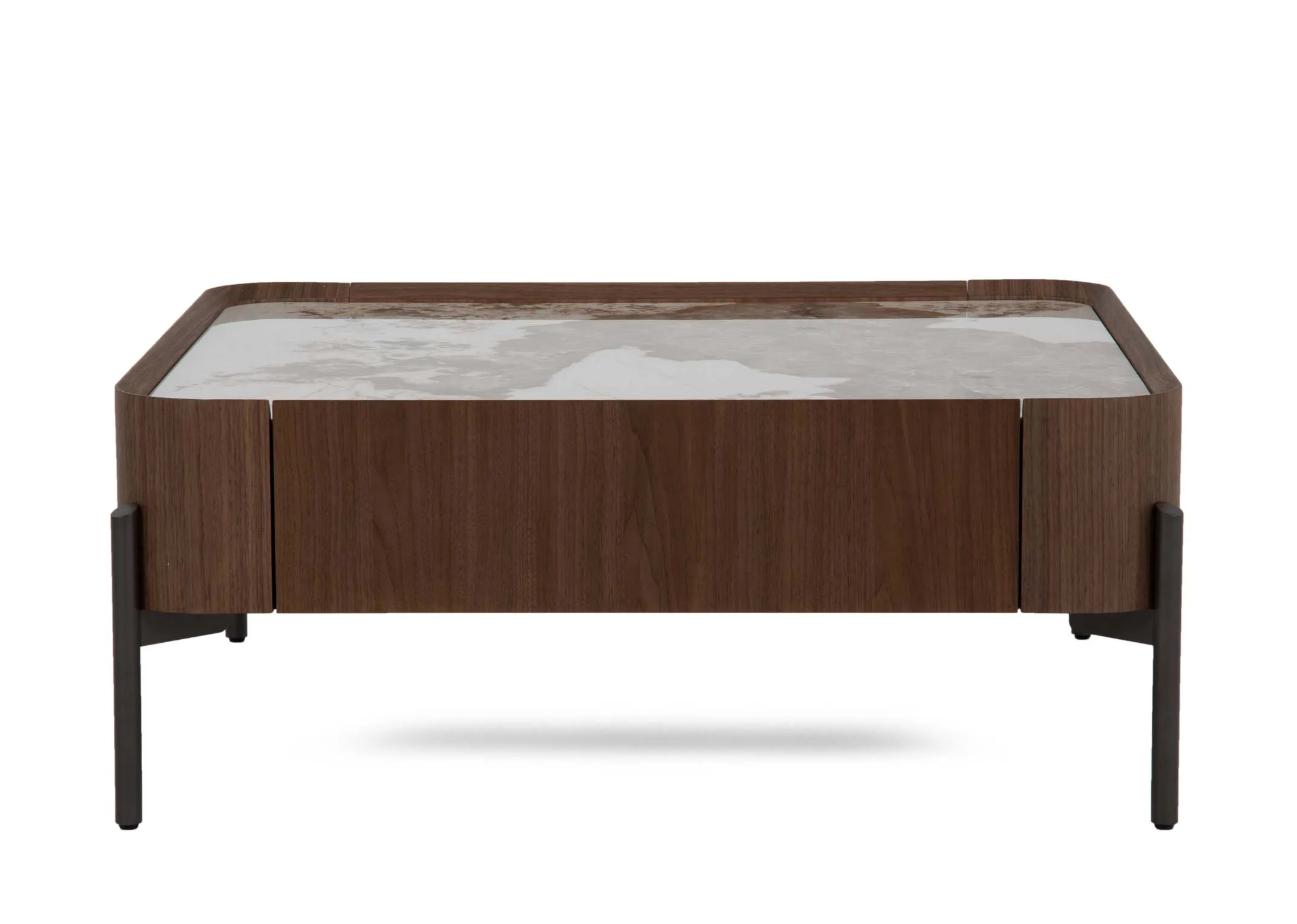 A large square brown coffee table with metal legs and walnut sides from EZ Livings Century range. Front view of drawer closed and black metal legs.