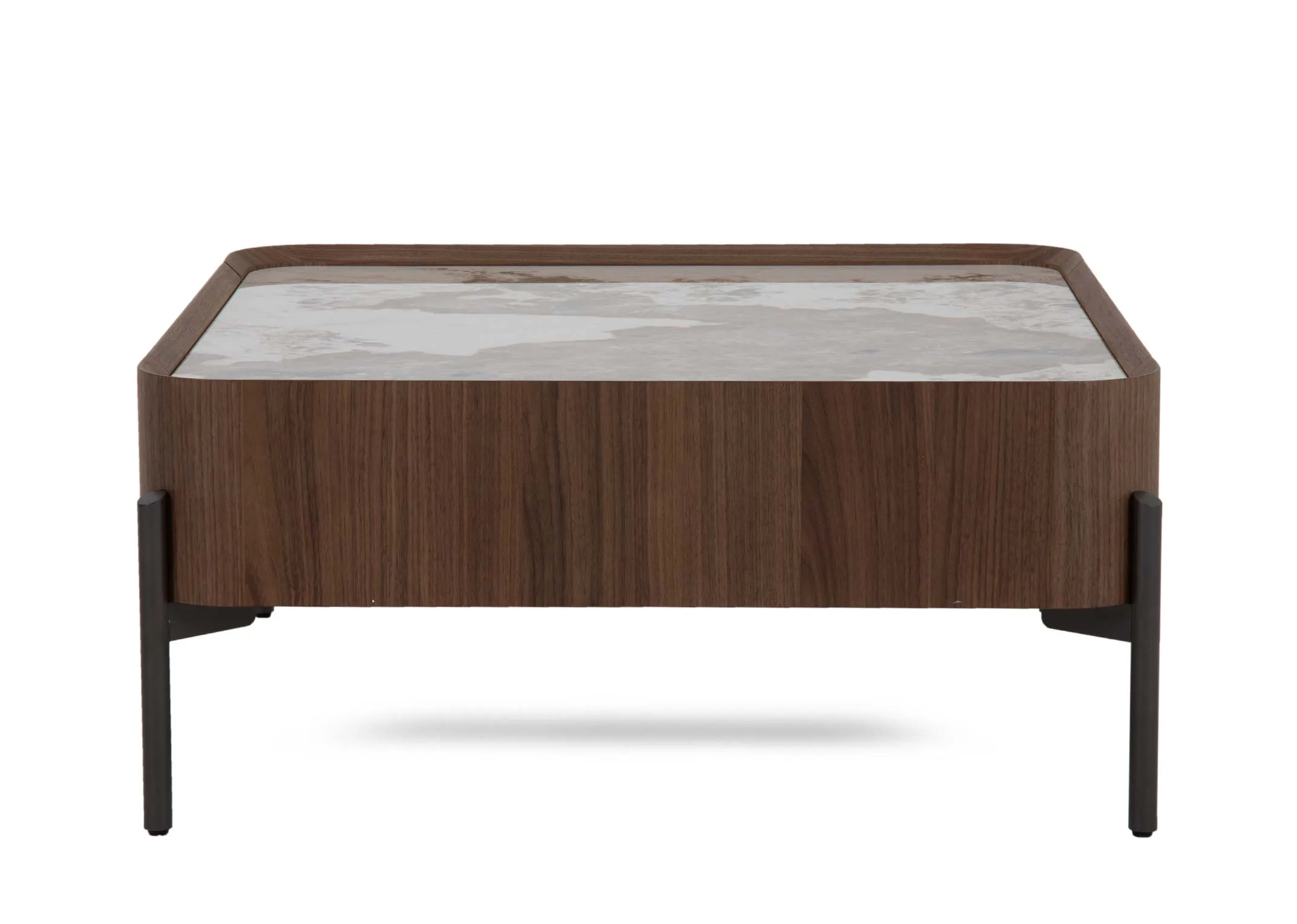 A large square brown coffee table with metal legs and walnut sides from EZ Livings Century range. Side view
