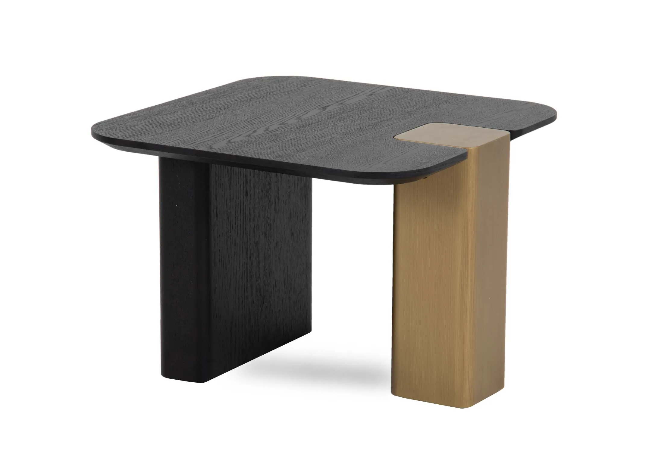A black oak lamp table with one gold painted leg from EZ Livings Echo range. Angled view