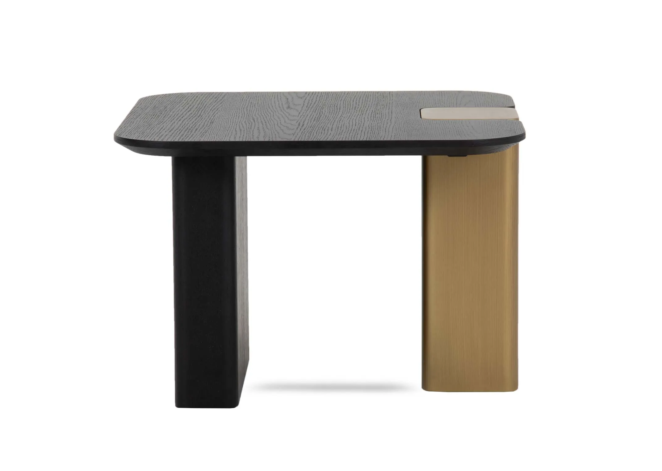 A black oak lamp table with one gold painted leg from EZ Livings Echo range. Front view