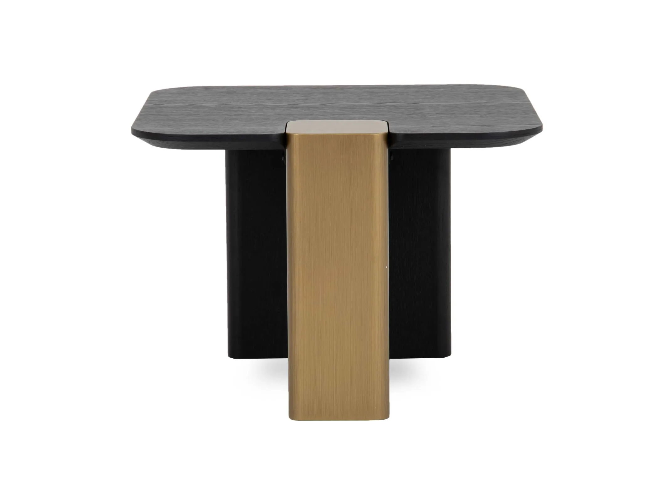 A black oak lamp table with one gold painted leg from EZ Livings Echo range. Side view of gold painted leg