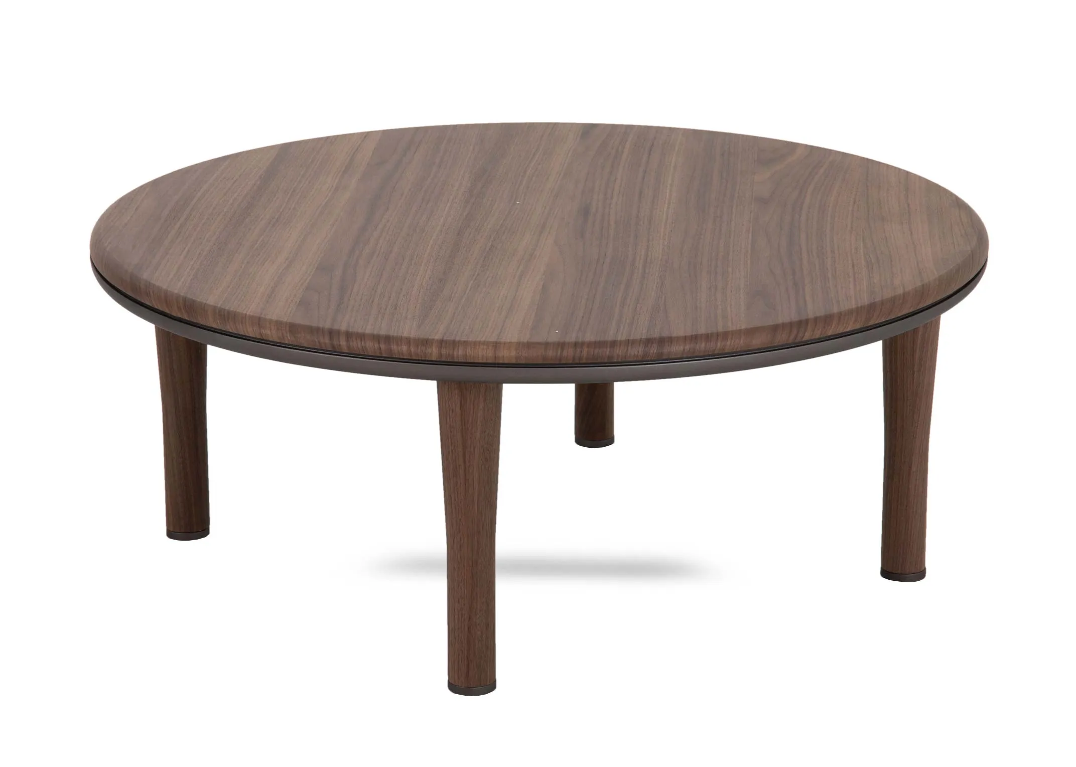 A walnut round coffee table from EZ Livings Breeze range. Angled view.
