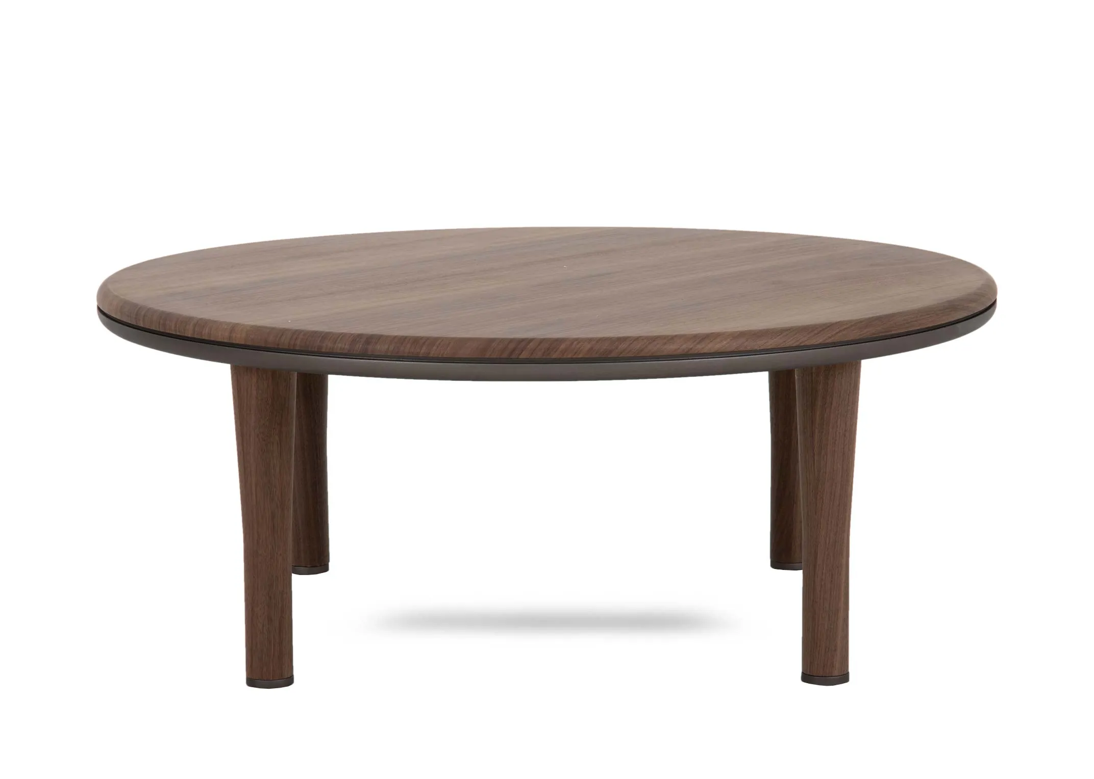 A walnut round coffee table from EZ Livings Breeze range.Front view
