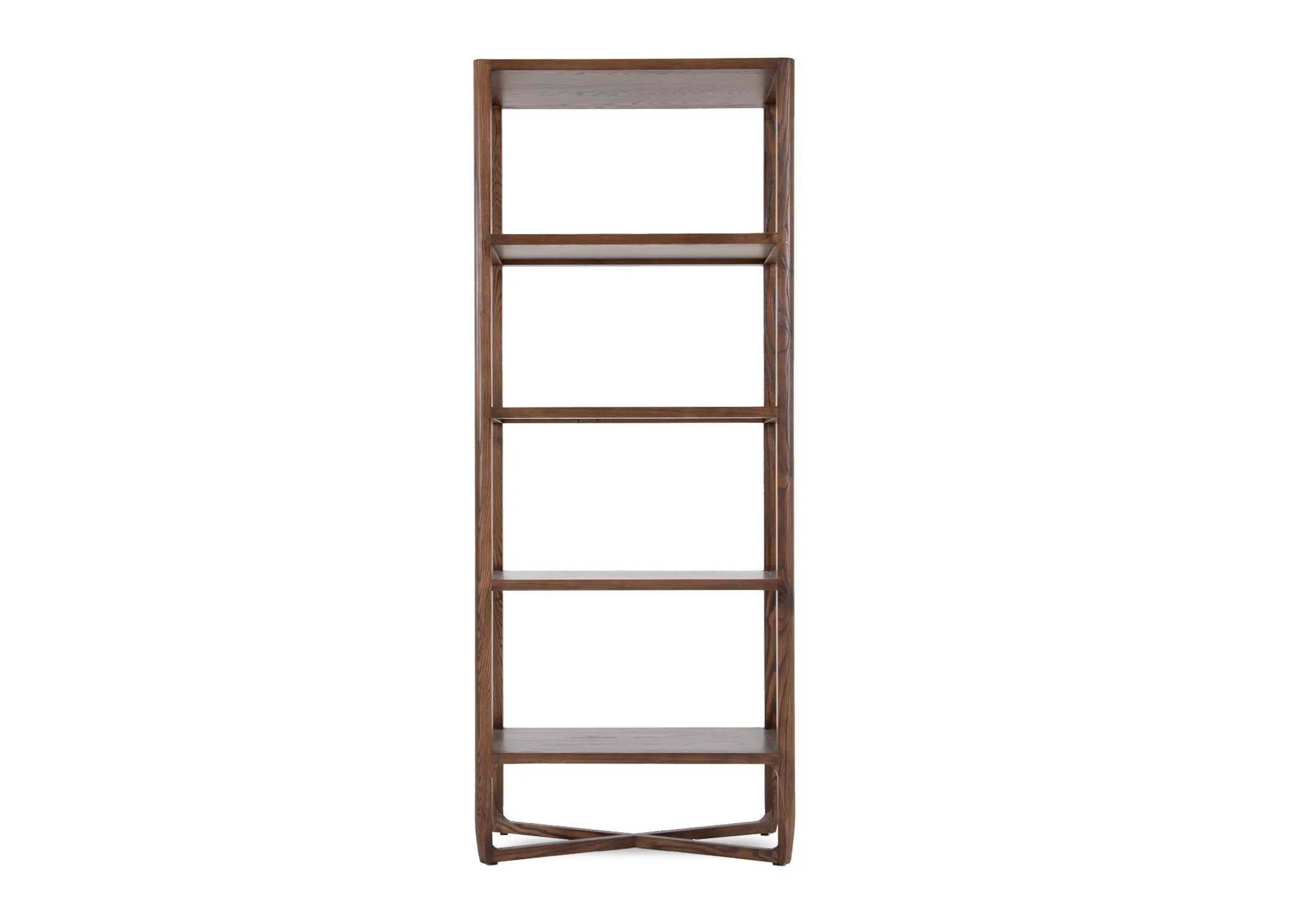A 4 shelf brown ash shelving unit from EZ Livings Cameo range.Front view of x legs on bottom.
