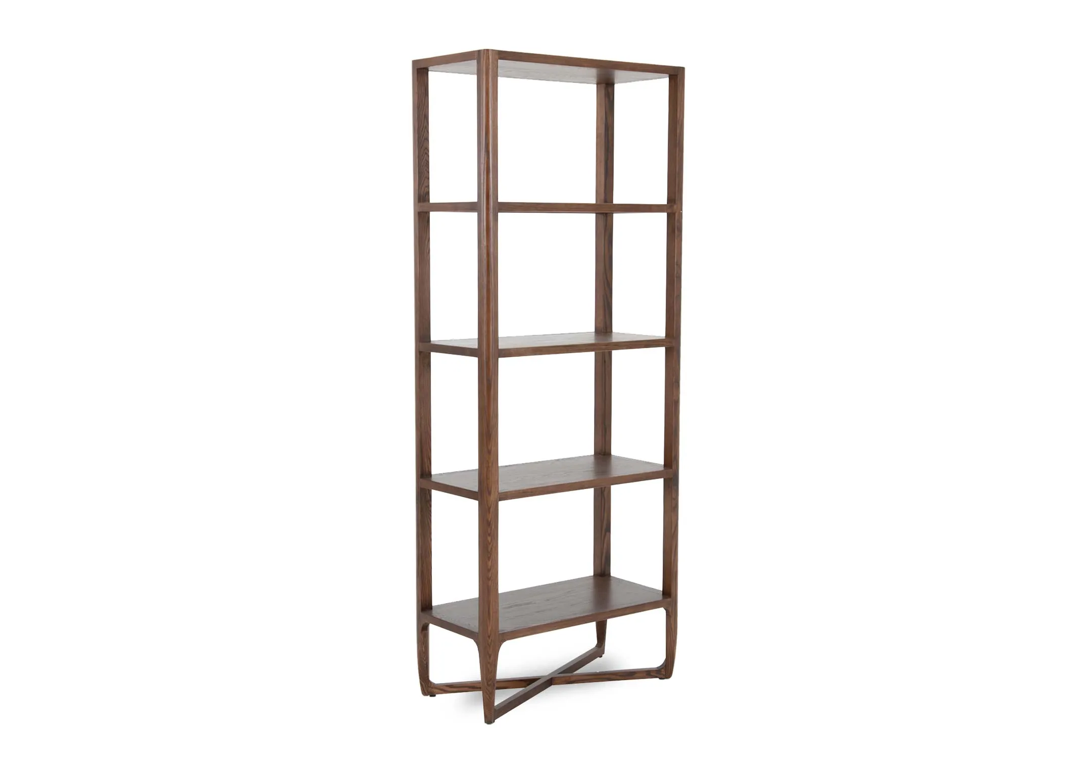 A 4 shelf brown ash shelving unit from EZ Livings Cameo range. Angled view of open back sides and front.