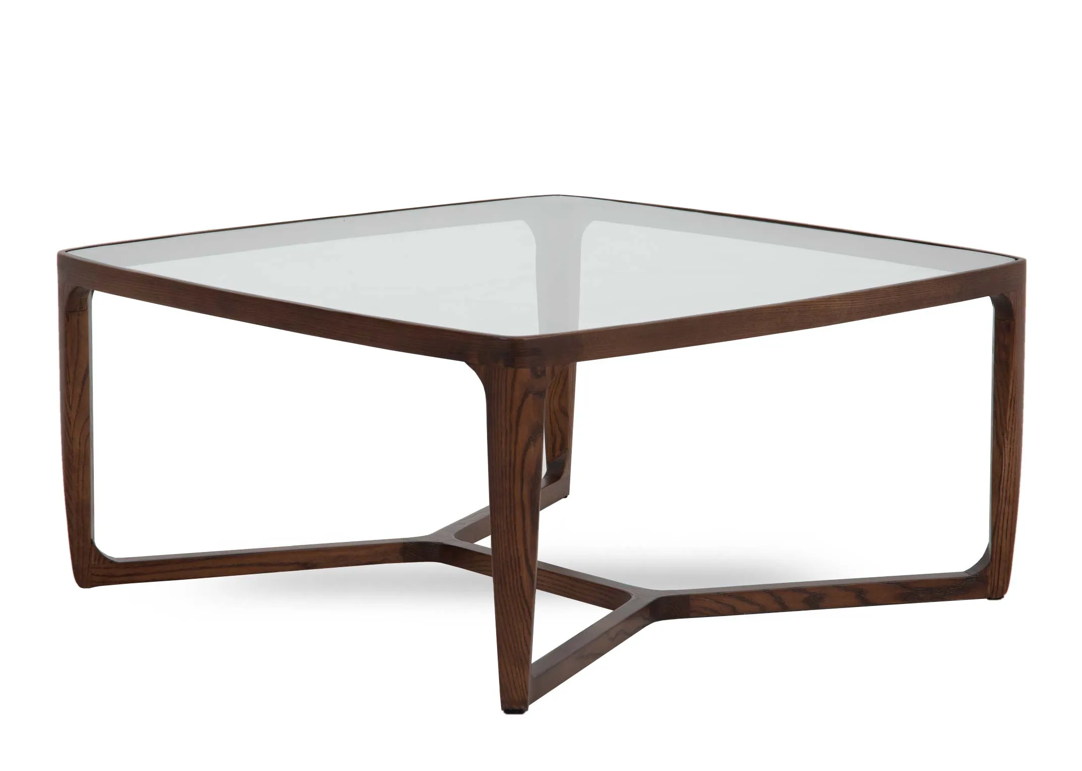 A square ash table with glass table top from EZ Livings Cameo range. Angled view of simple clean dark wood frame