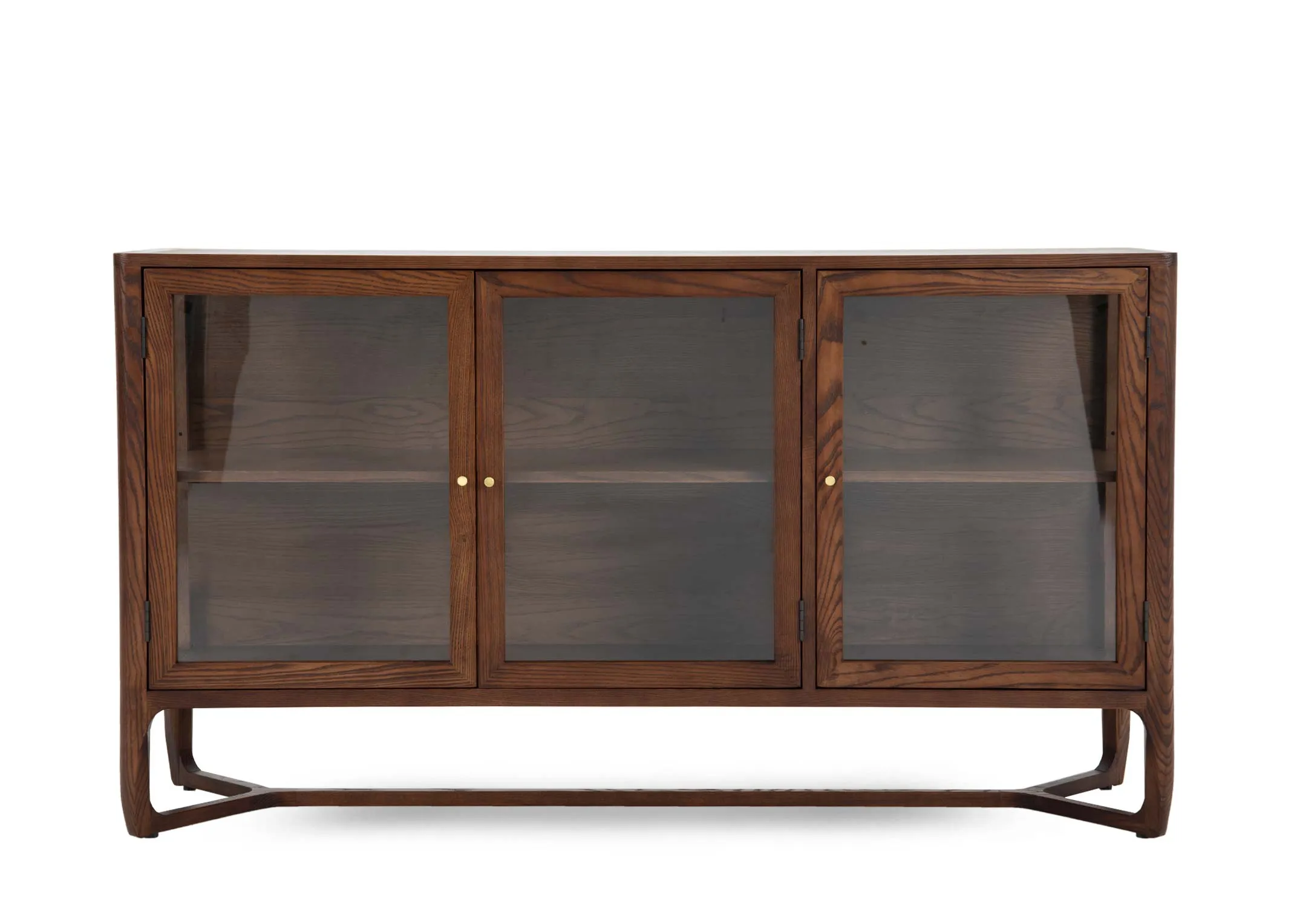 A brown ash sideboard with 3 glass doors from EZ Livings Cameo range.Front view of gold handles on doors