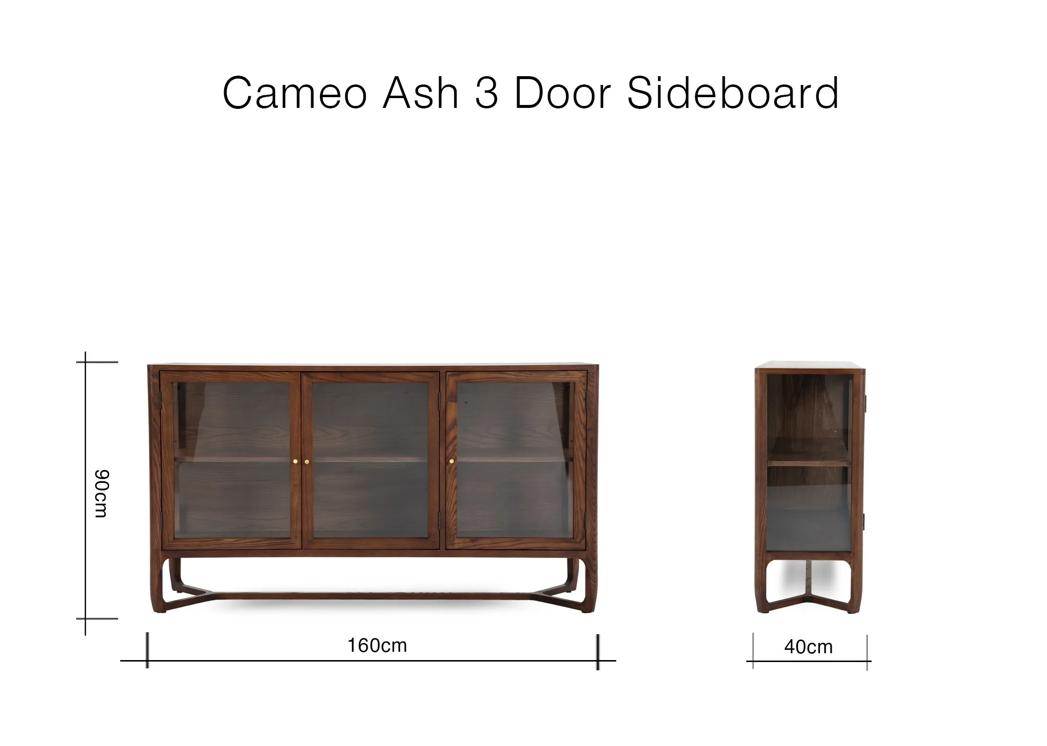 A dimension image of the Cameo Ash Sideboard with 160cm x 40cm x 90cm