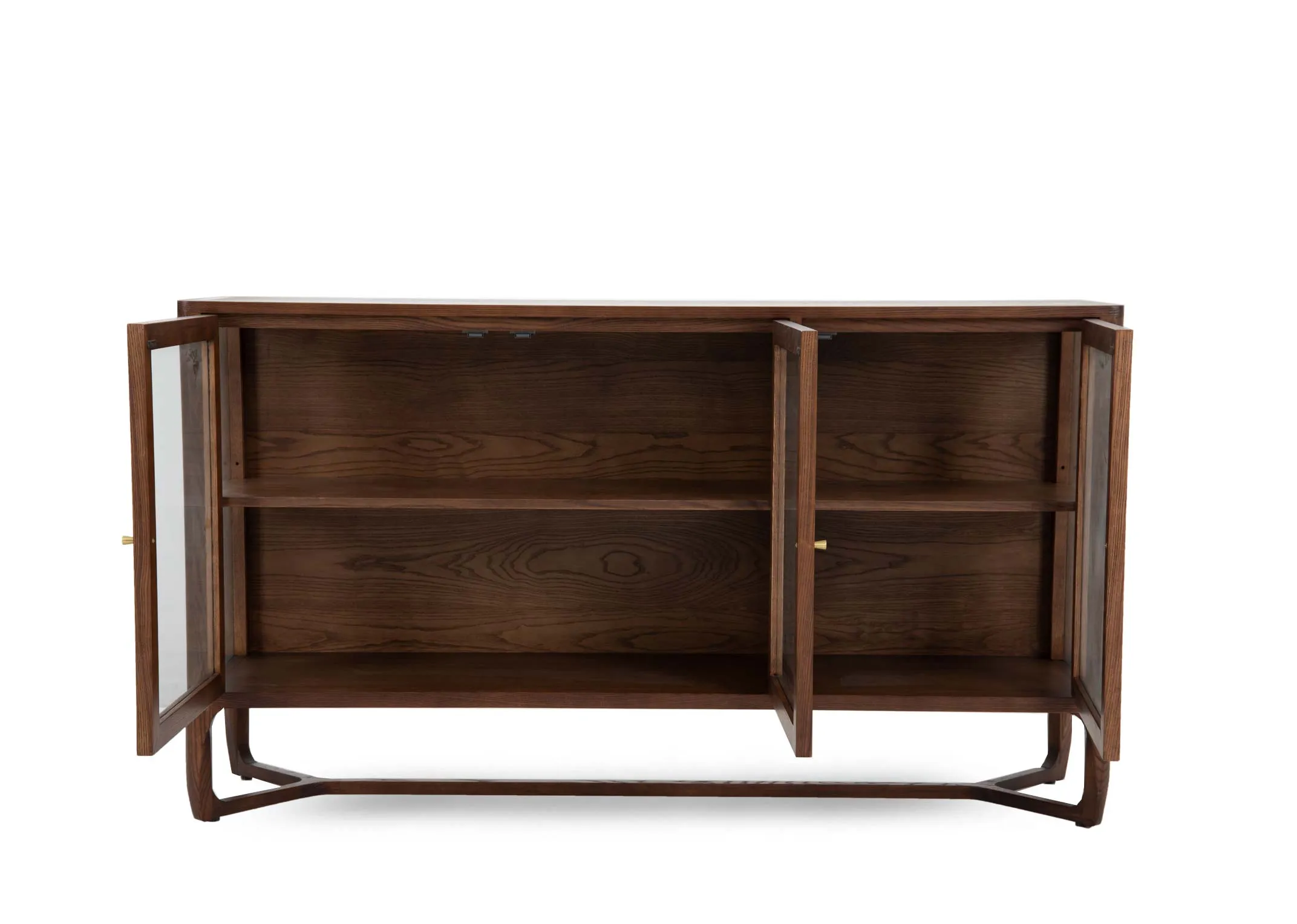 A brown ash sideboard with 3 glass doors from EZ Livings Cameo range.Front view of doors open showing 4 shelves.