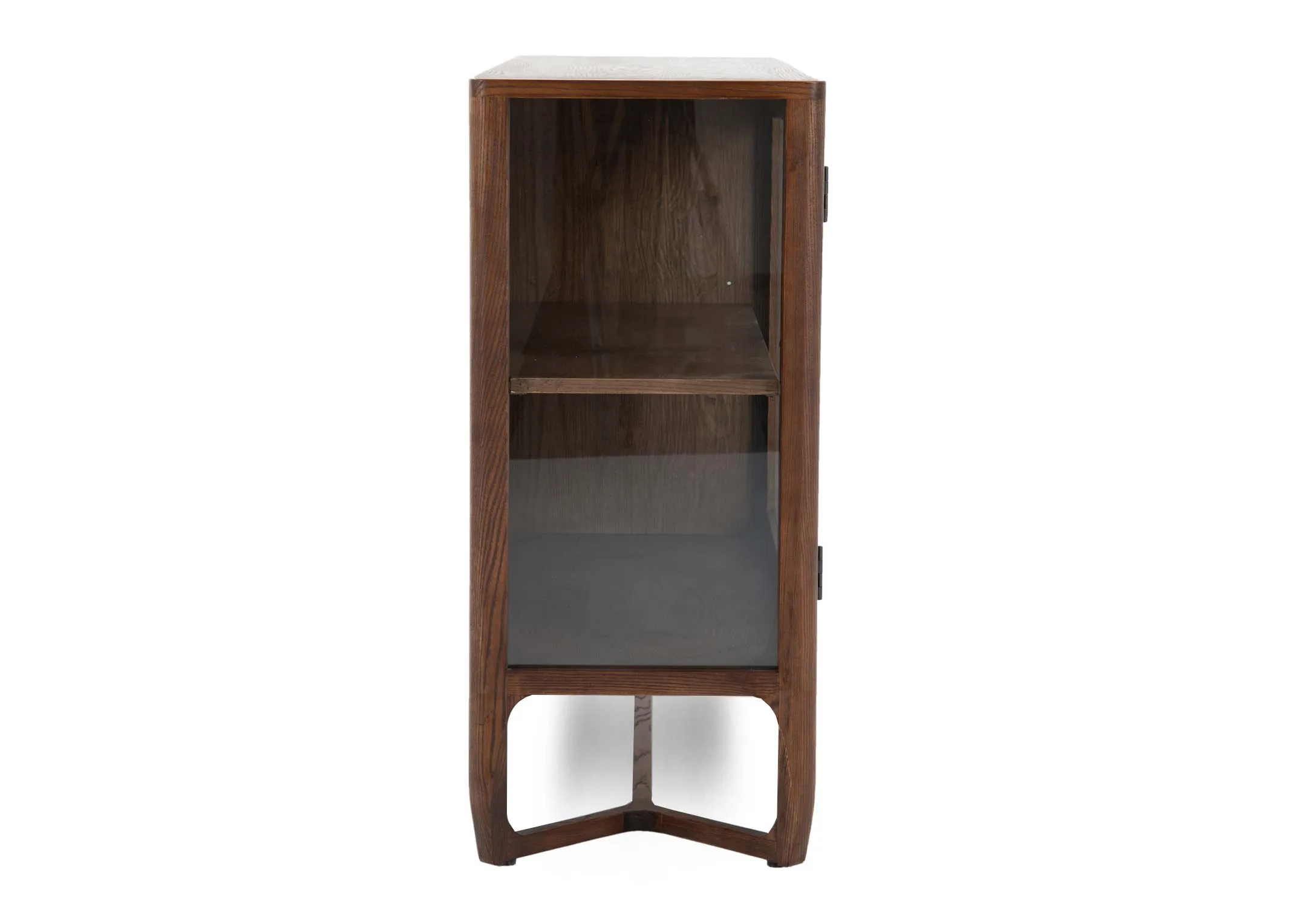 A brown ash sideboard with 3 glass doors from EZ Livings Cameo range. Side view of glass sides.