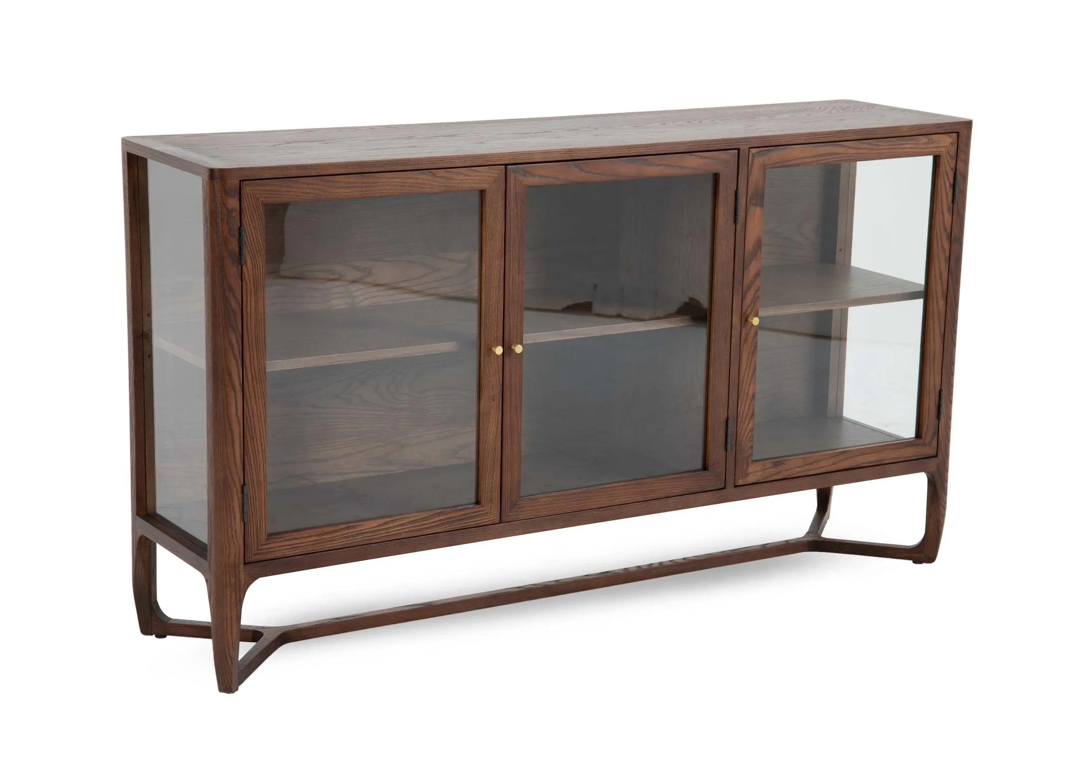 A brown ash sideboard with 3 glass doors from EZ Livings Cameo range. Angled view