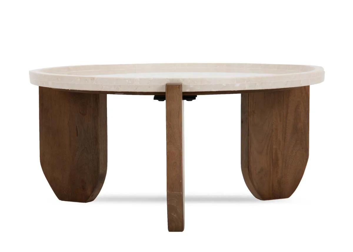 A round marble top coffee table with three mango wood feet from EZ Livings Carmen range.Front view