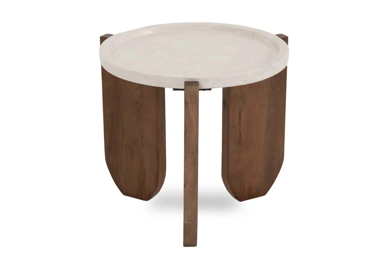 A round marble top side table with three mango wood feet from EZ Livings Carmen range. Angled view