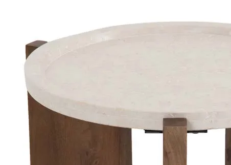 A round marble top side table with three mango wood feet from EZ Livings Carmen range. Closeup of marble top