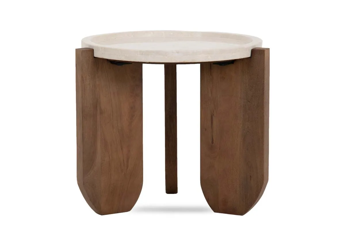 A round marble top side table with three mango wood feet from EZ Livings Carmen range.Front view of brown wood finish on legs