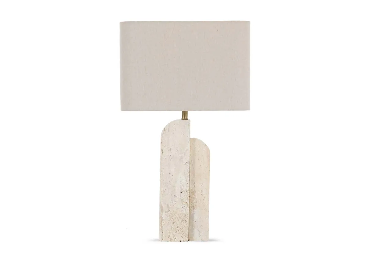 A cream table lamp with scultped base and rectangular shade from EZ Livings Irvine range.
