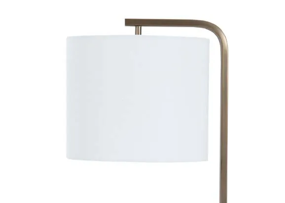 A gold metal table lamp with White shade from EZ Livings Phoenix range.Closeup of overhanging shade.