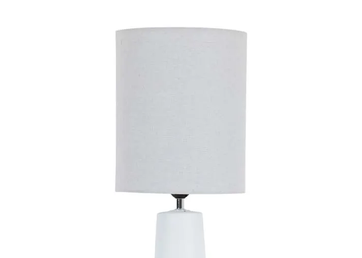 A tall white table lamp from EZ Livings Inny range. Closeup of white shade.