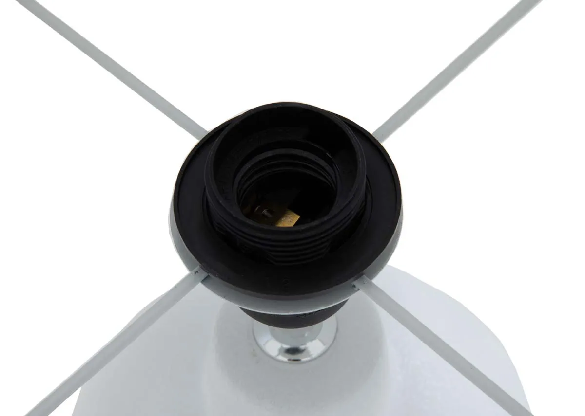 A white table lamp from EZ Livings Foyle range. Closeup of drum shade.