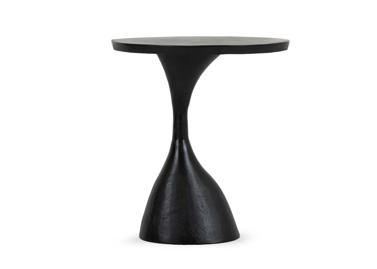A black side table from EZ Livings Bulan range. Front view of wide bottom and ledge top