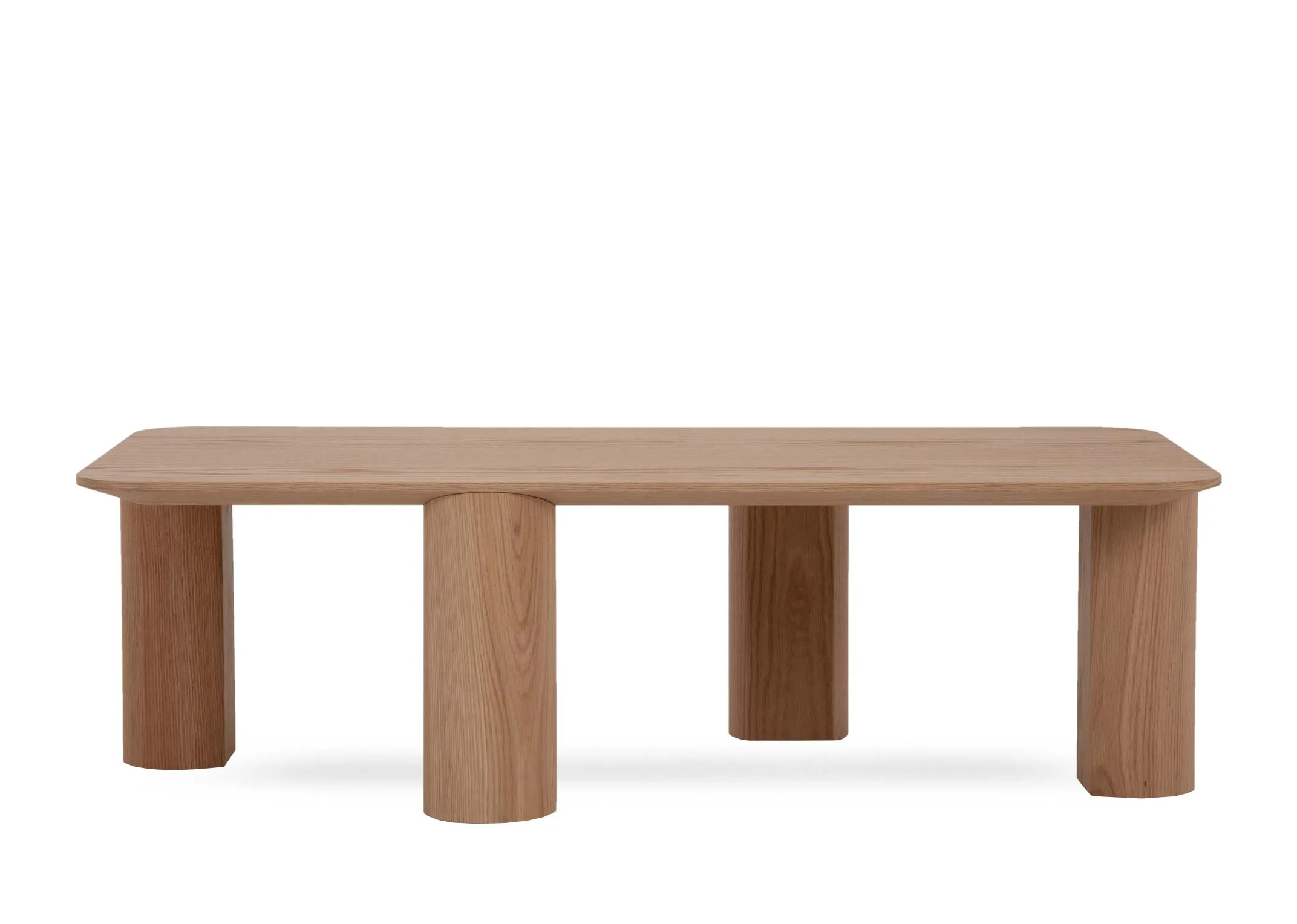 A rectangular oak veneer coffee table with 4 chunky legs from EZ Livings Kasper range. Front view of uneven legs
