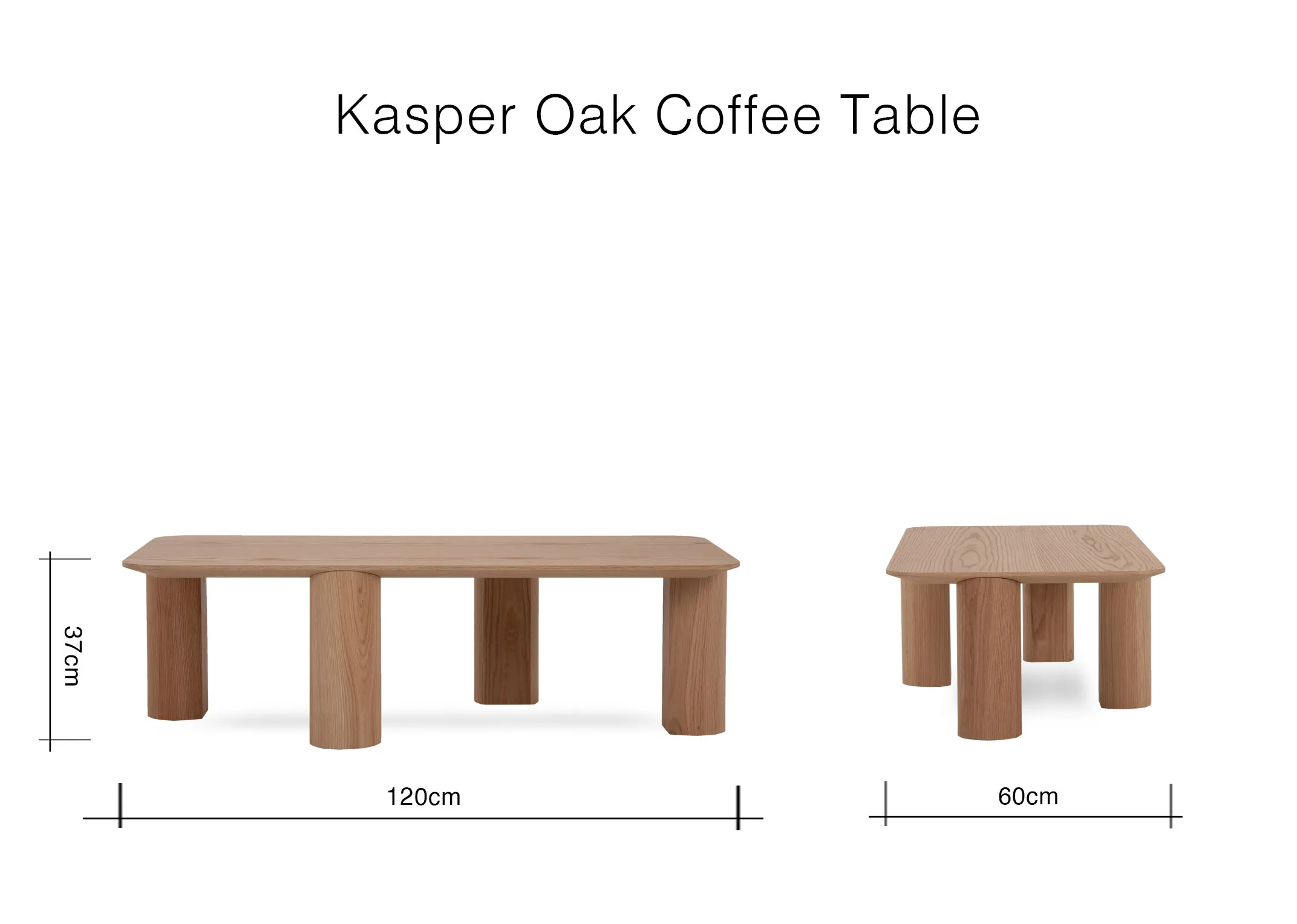 A dimension image of the Kasper Oak Coffee Table with 120cm x 60cm x 37cm