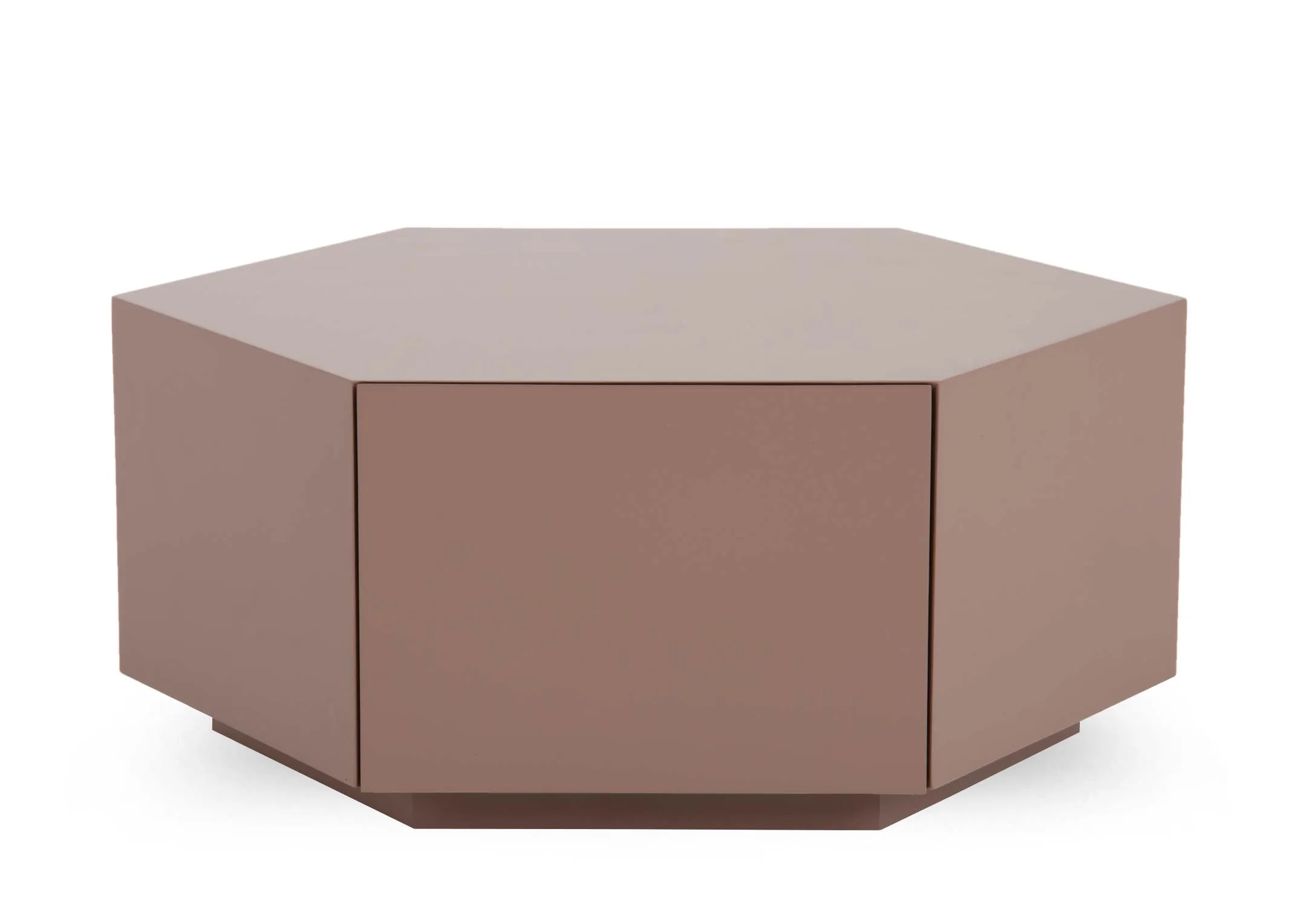 A matt brown hexagonal plinth coffee table from EZ Livings Jonas range. Front veiw of smooth table with no handles.
