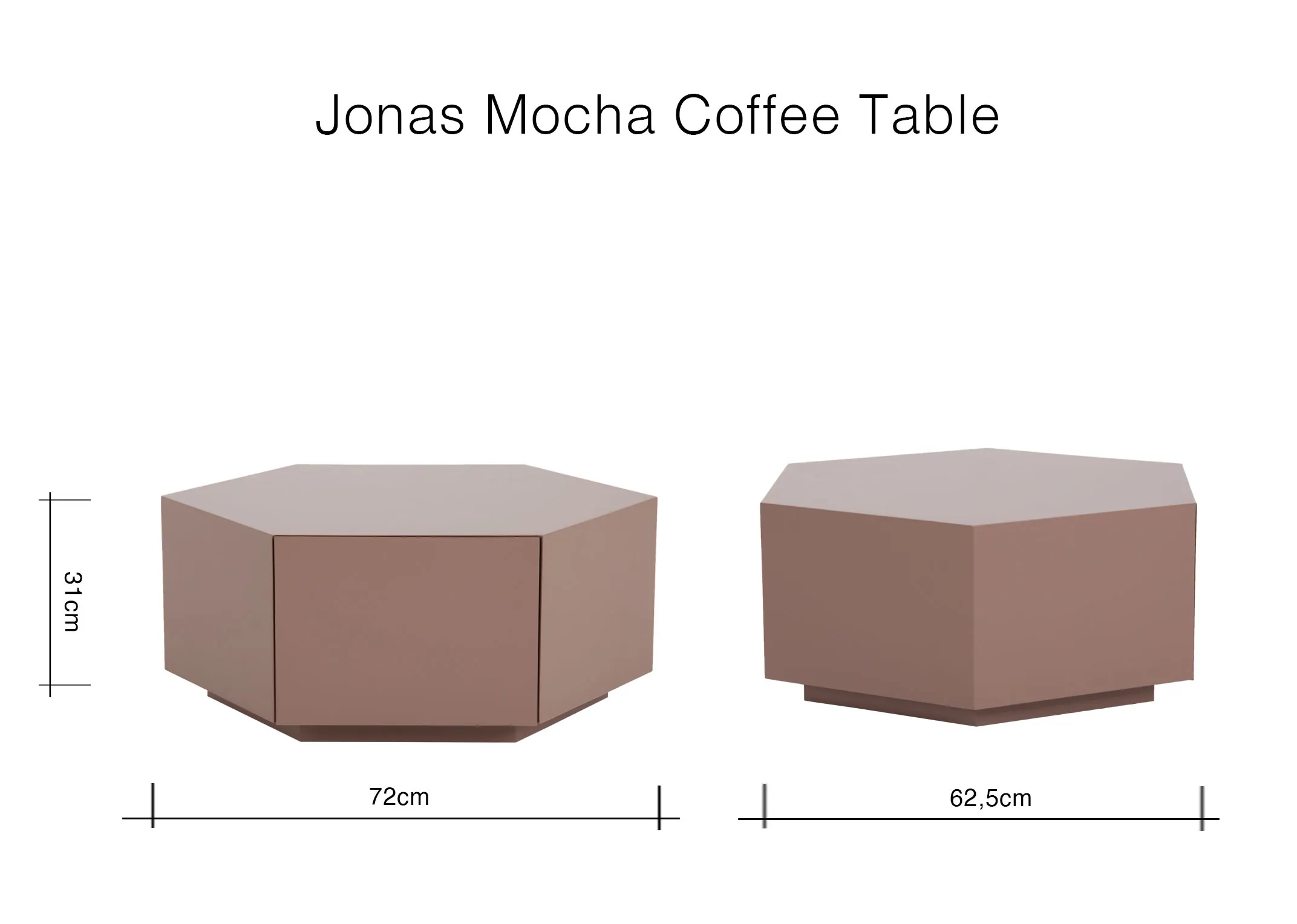 A dimension image of the Jonas Brown Coffee Table with 72cm x 62.5cm x 31cm 