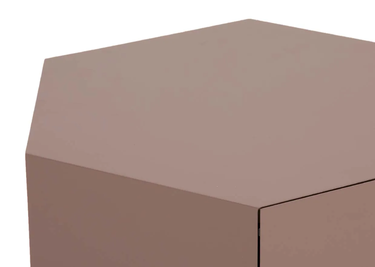 A matt brown hexagonal plinth coffee table from EZ Livings Jonas range. Closeup of matt finish.
