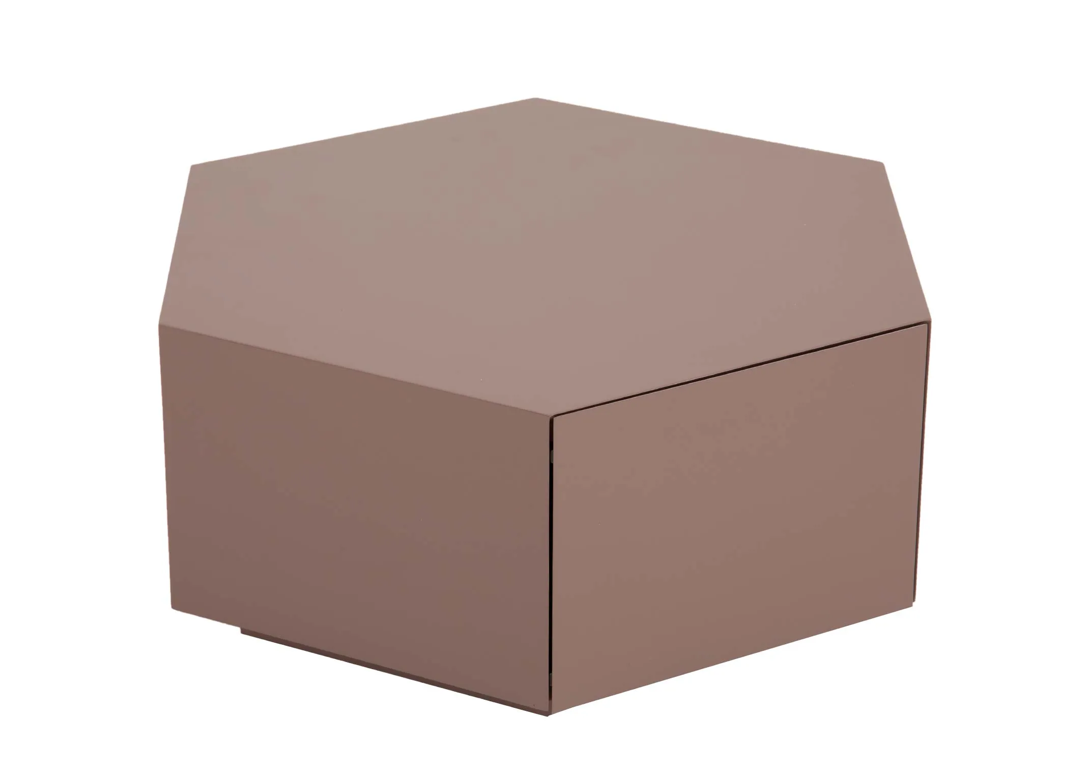 A matt brown hexagonal plinth coffee table from EZ Livings Jonas range. Angled view of table with 1 drawer closed.