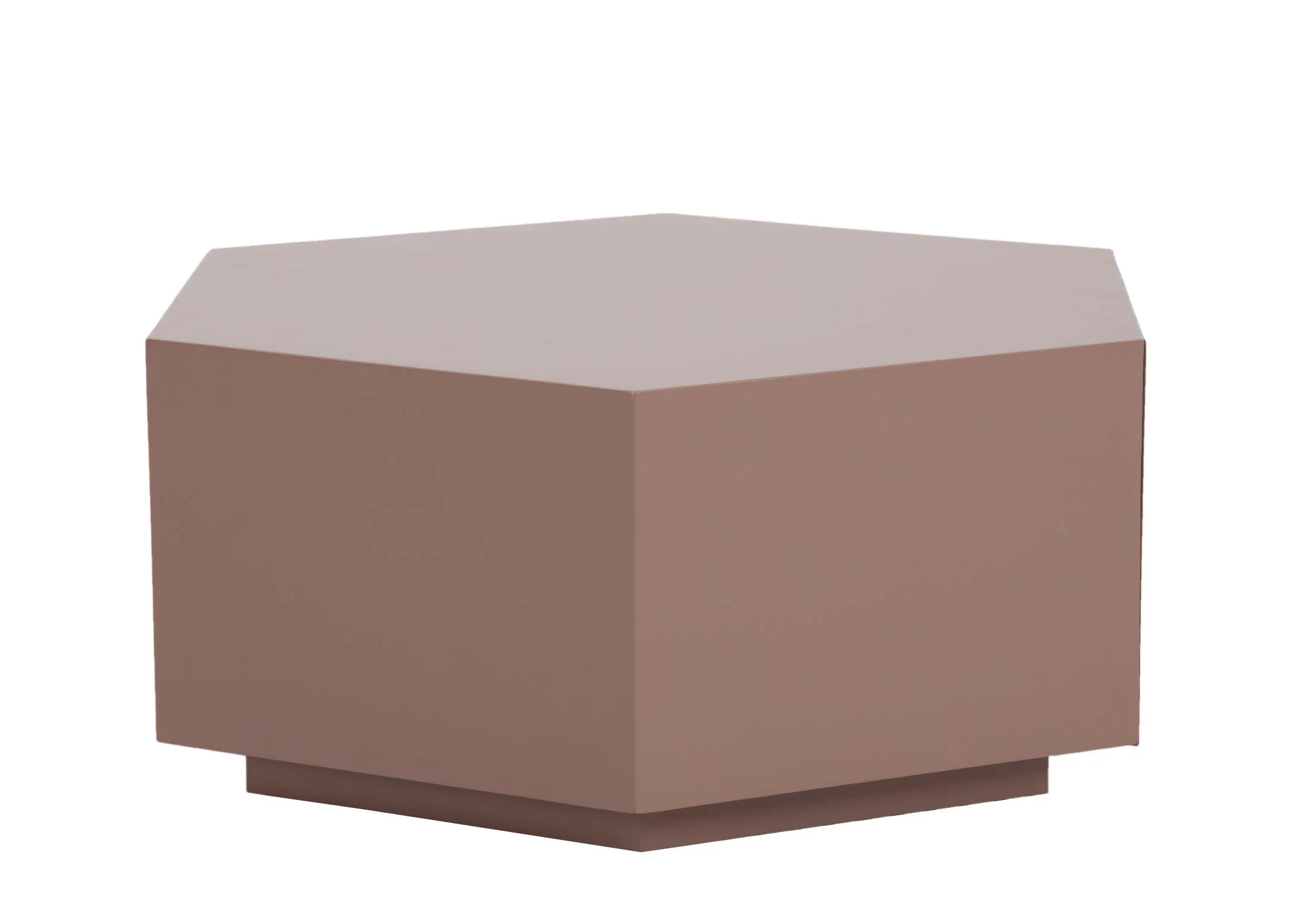 A matt brown hexagonal plinth coffee table from EZ Livings Jonas range. Side view