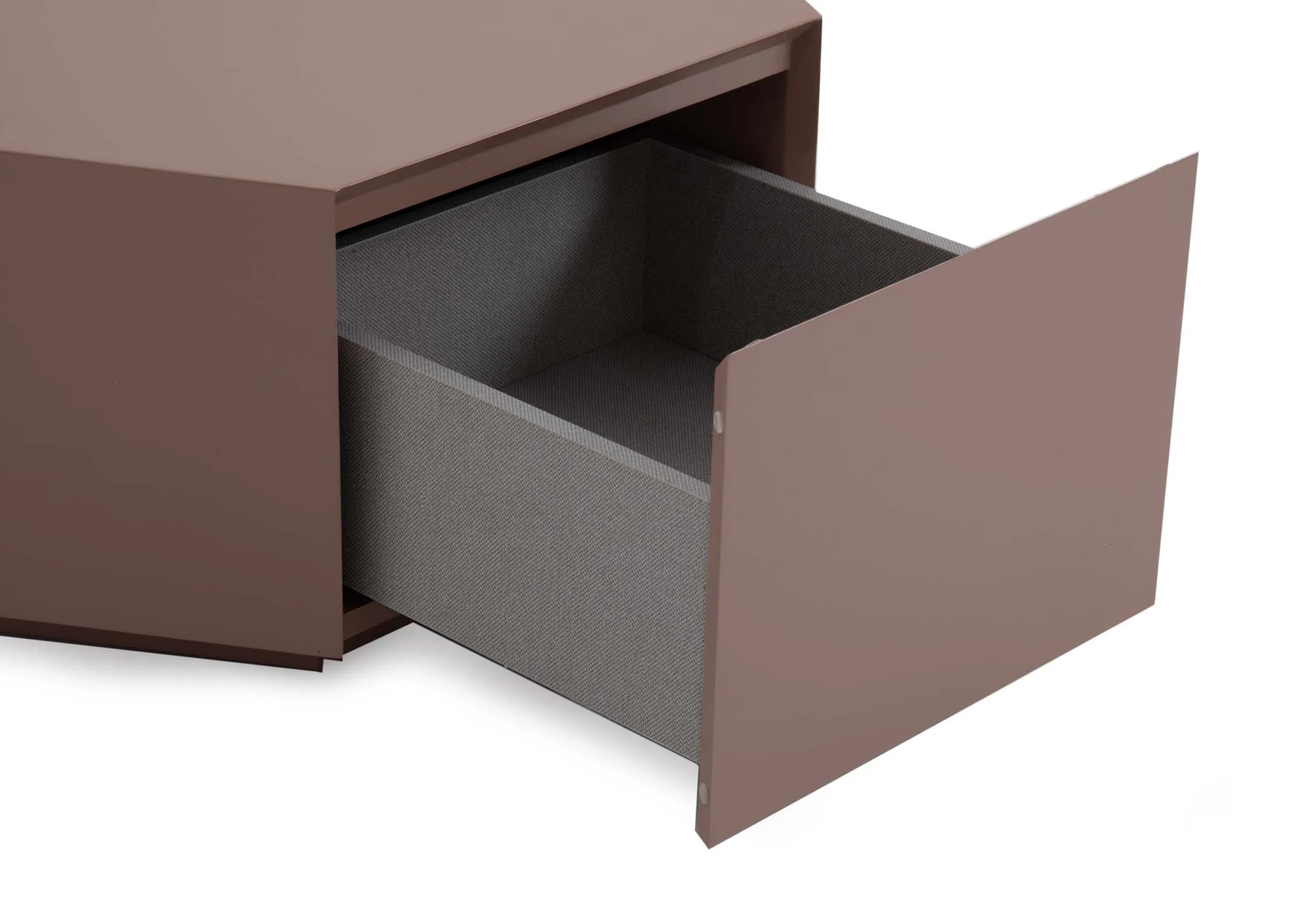 A matt brown hexagonal plinth coffee table from EZ Livings Jonas range. Closeup of drawer open.