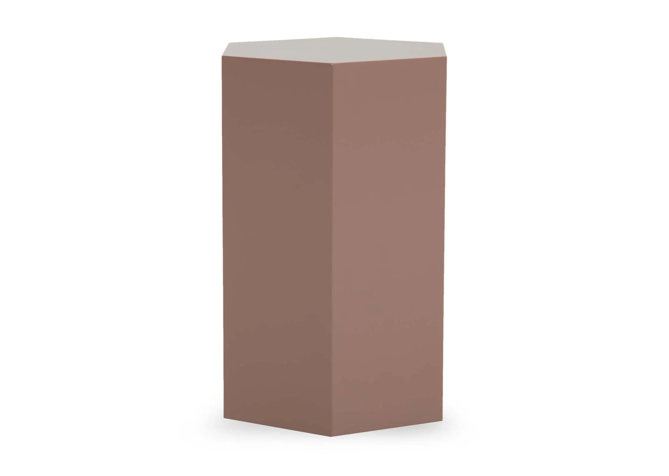 A hexagonal tall plinth lamp table from EZ Livings Jonas range. Front view of simple finish