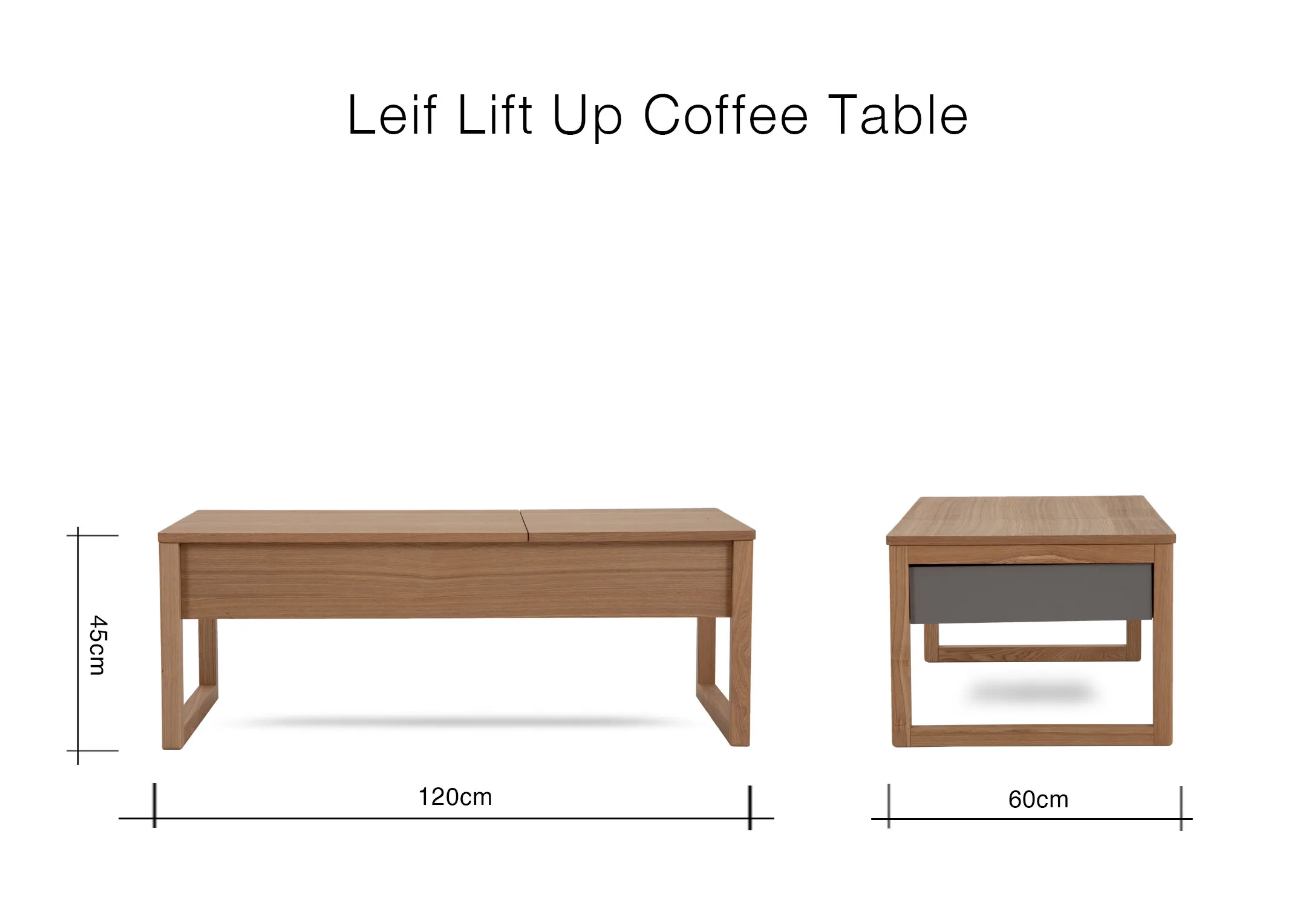 A dimension image of the Leif Lift Up Table with 120cm x 60cm x 45cm