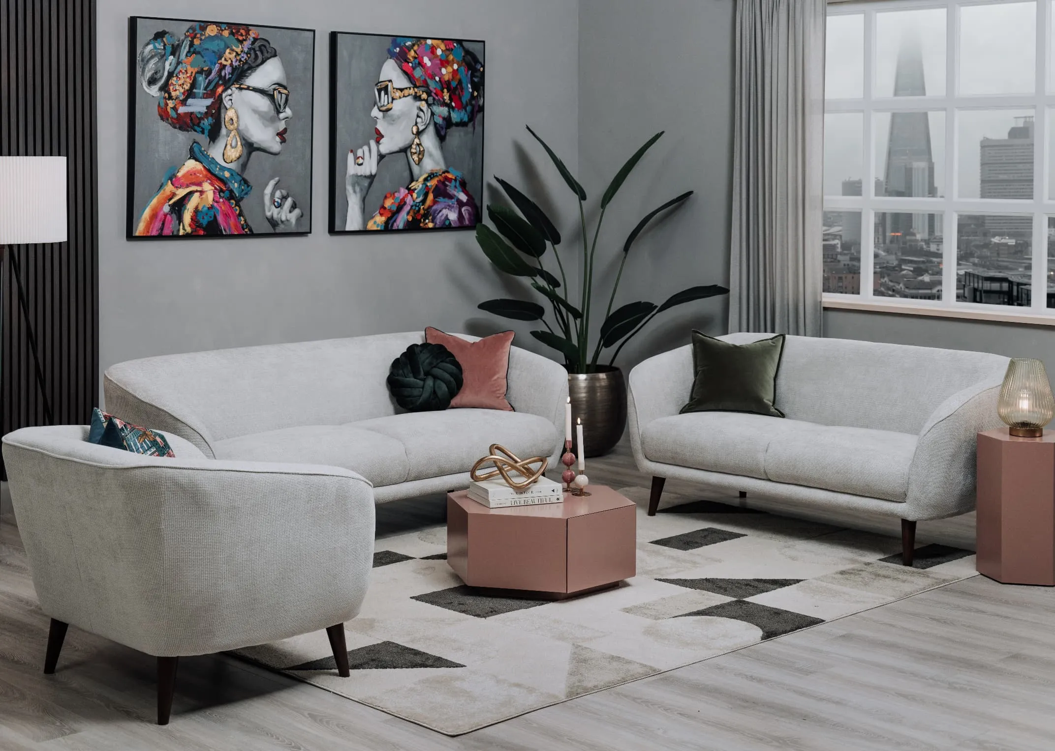 2 and armchair with Jonas mocha table and Contessa I & II on wall.