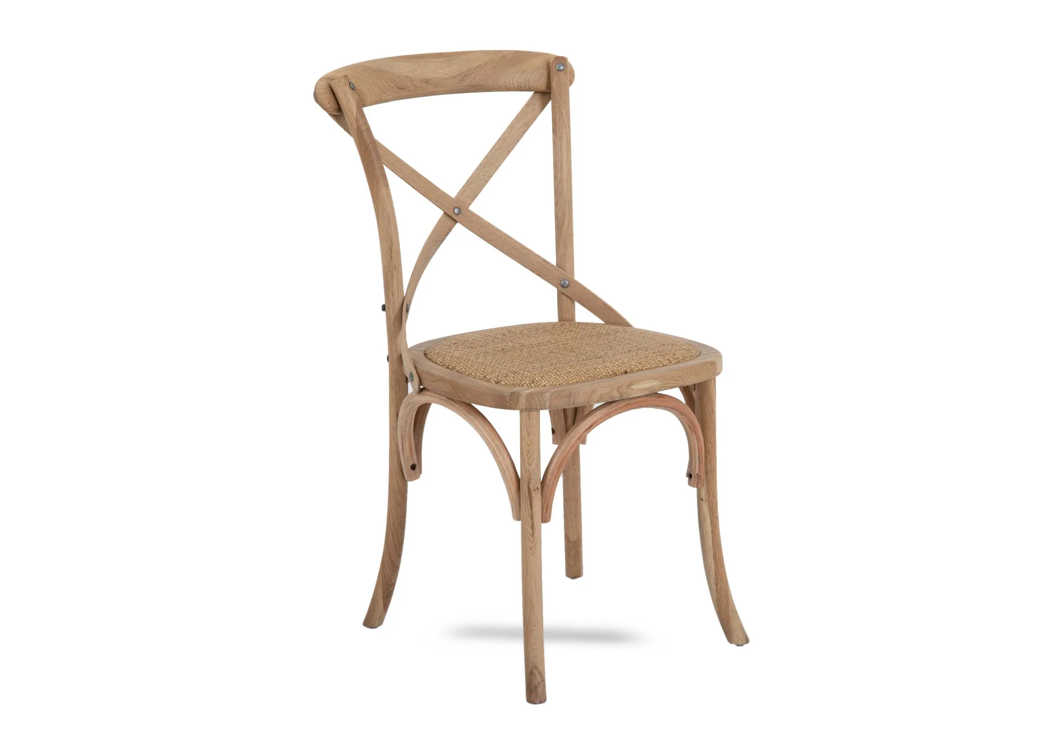 A weathered oak dining chair with x back seat from EZ Livings Tavern range. Angled view of minimal frame