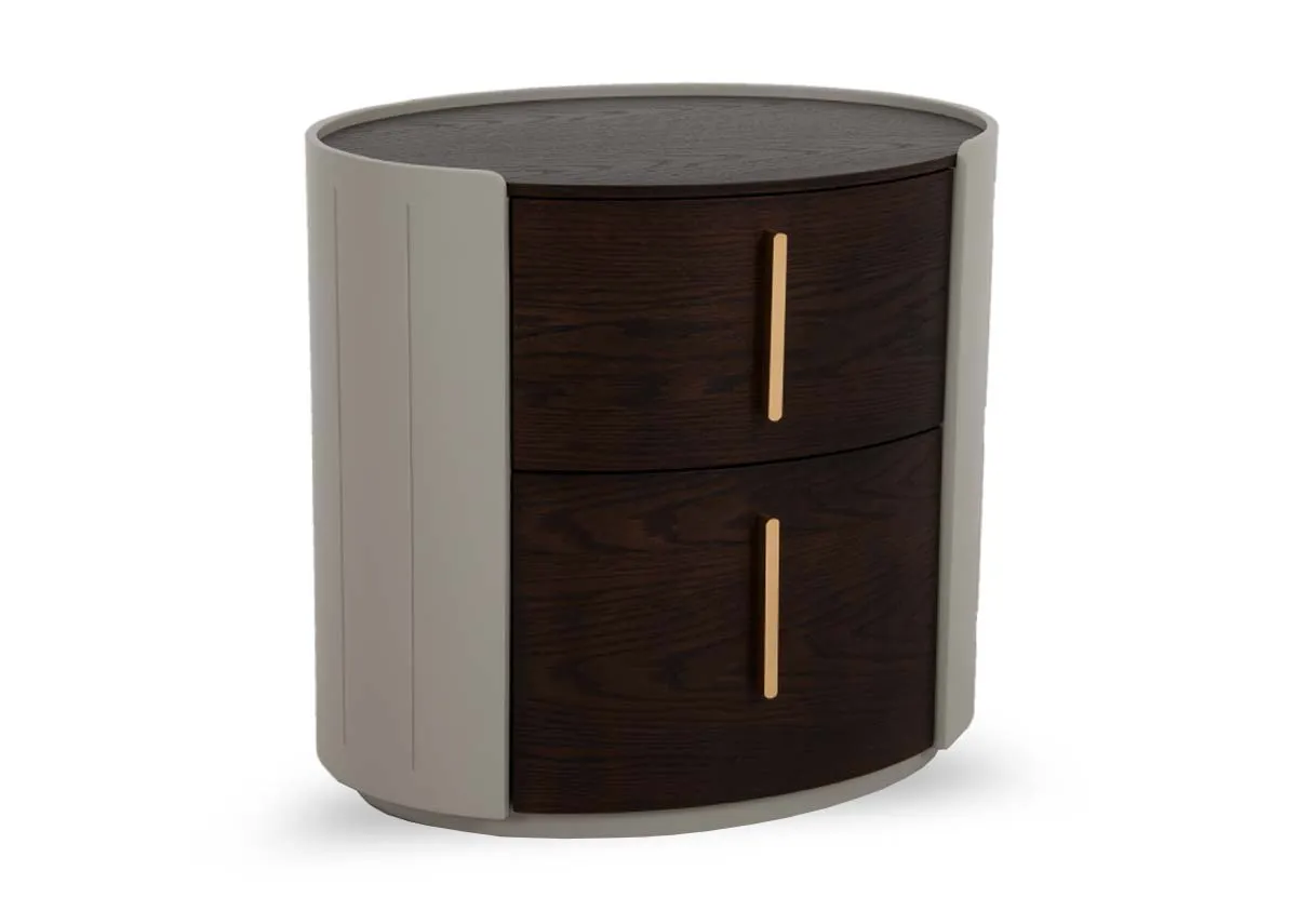A round 2 drawer locker from EZ Livings Canna range. Angled view of walnut veneer drawer fronts.