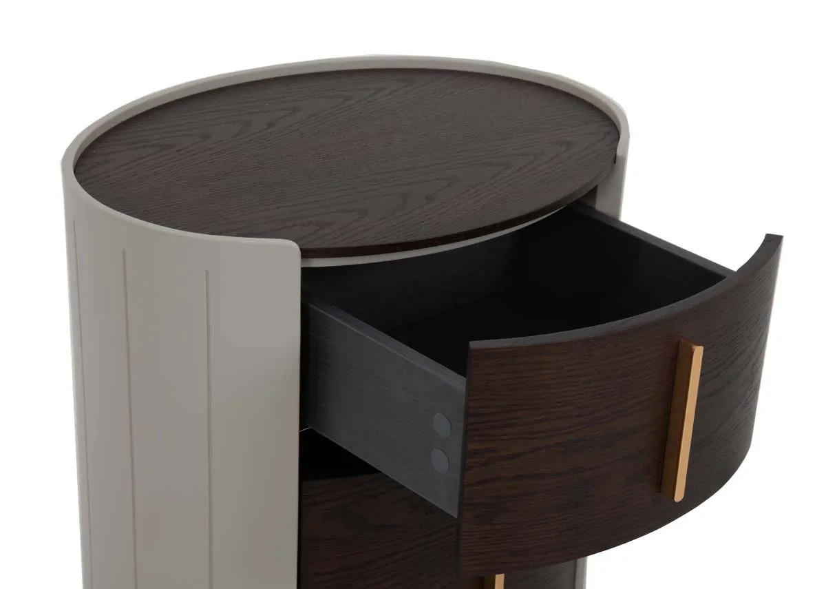 A round 2 drawer locker from EZ Livings Canna range. Closeup of open drawer with gold handle.