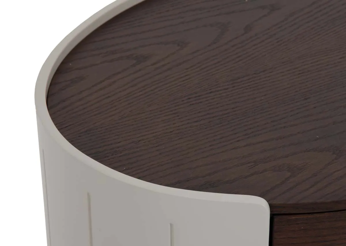 A round 2 drawer locker from EZ Livings Canna range. Closeup of walnut finish top.