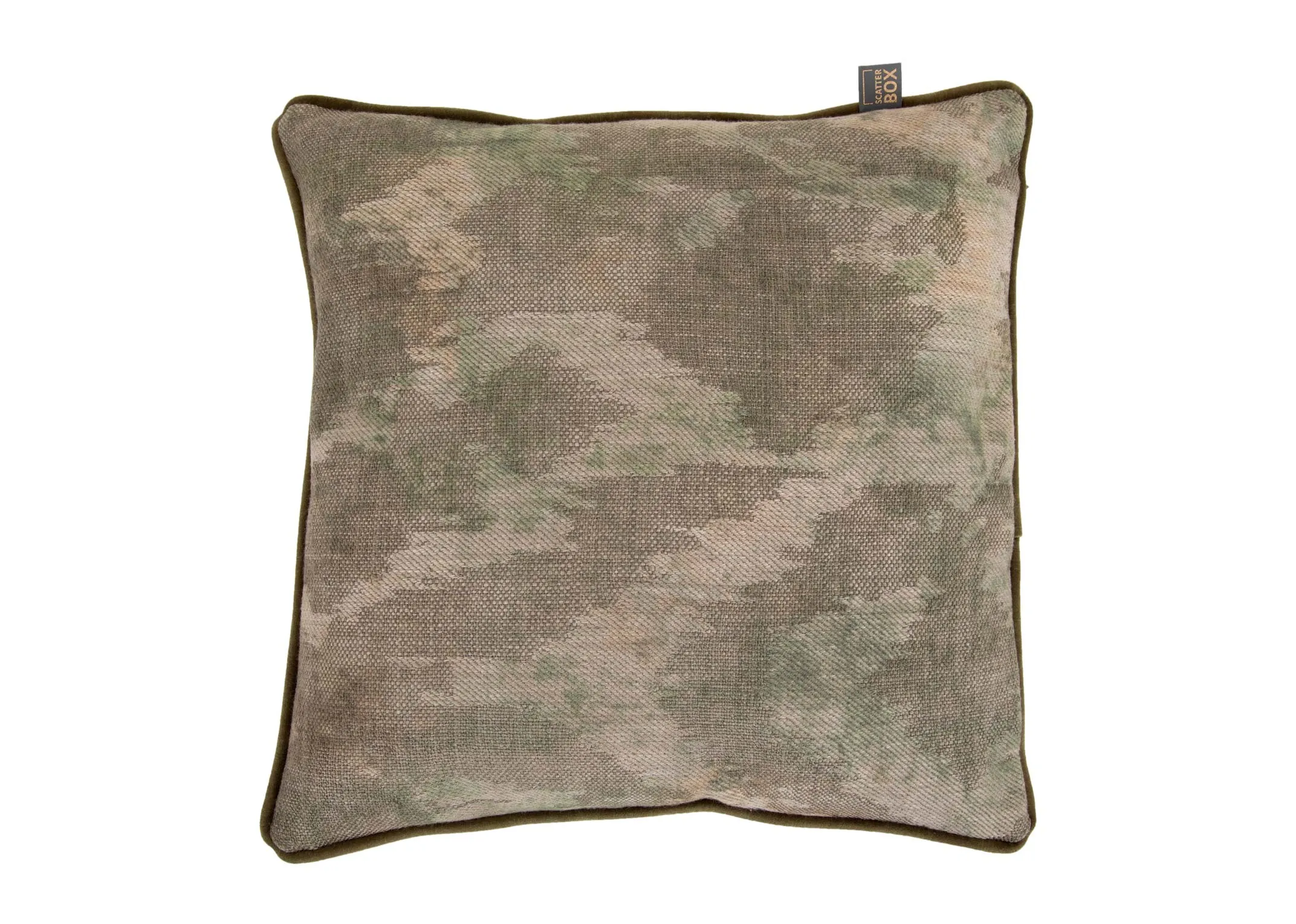 A green camouflage print cushion from EZ Livings Dromore range. Front view.