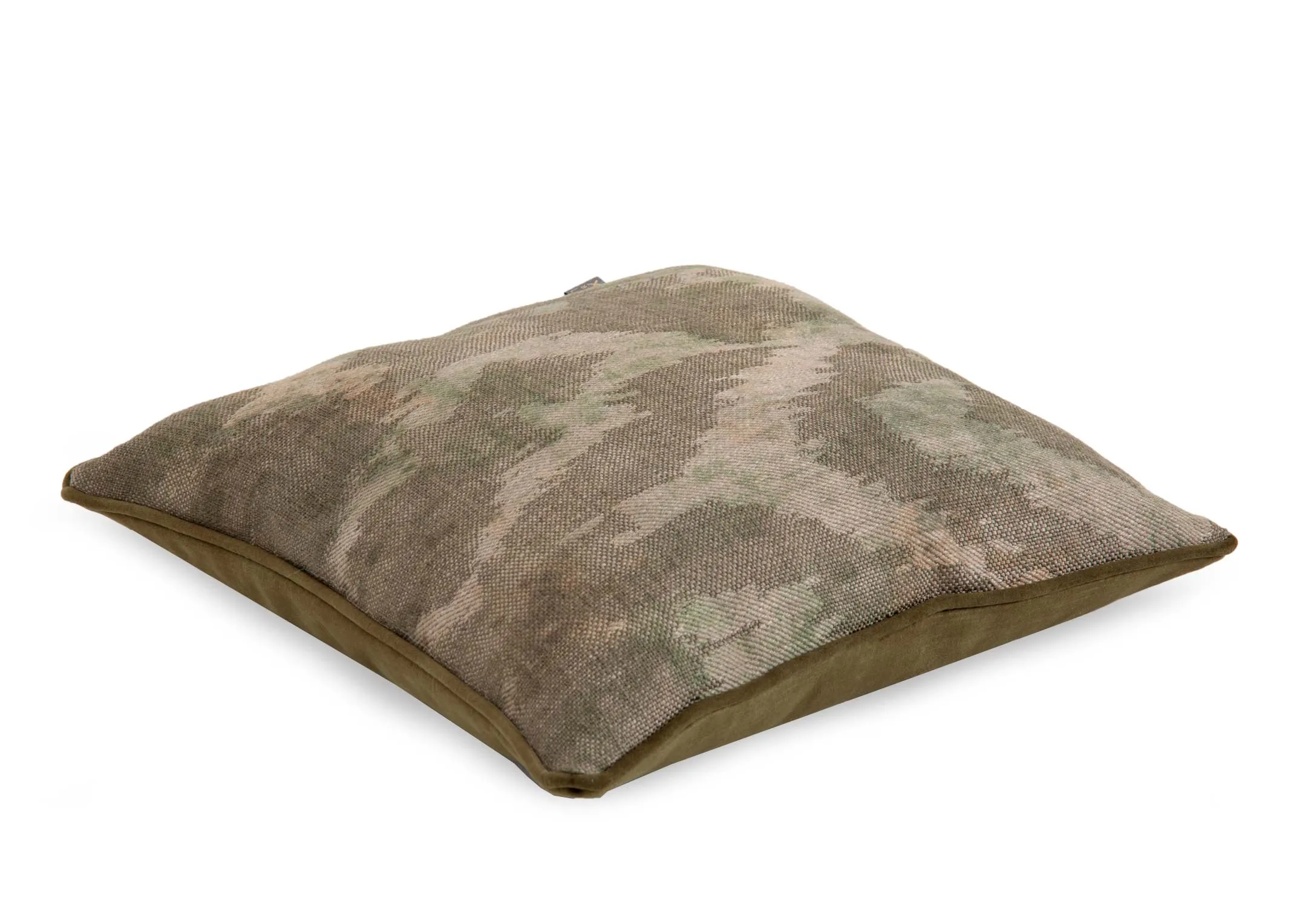 A khaki green velvet cushion back from EZ Livings Dromore range. Angled view of 2 sided cushion.