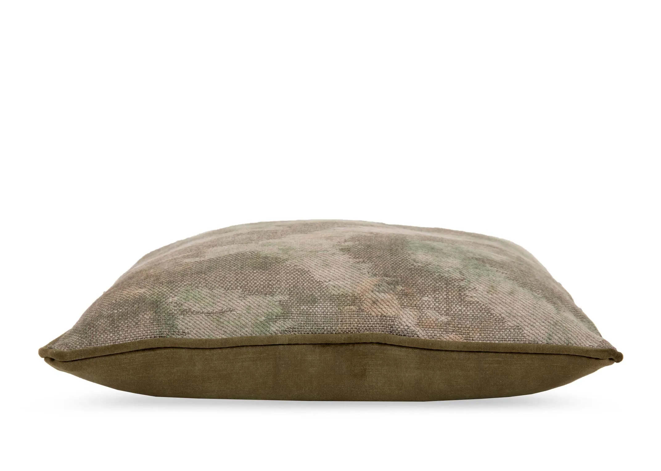 A khaki green velvet cushion back from EZ Livings Dromore range. Side view of cushion heoght