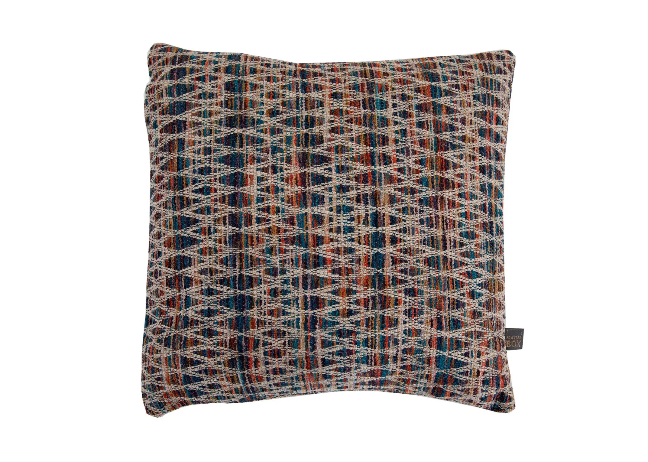 A multi color print cushion from EZ Livings Enniscrone range. Front view of zig zag woven design over color print.