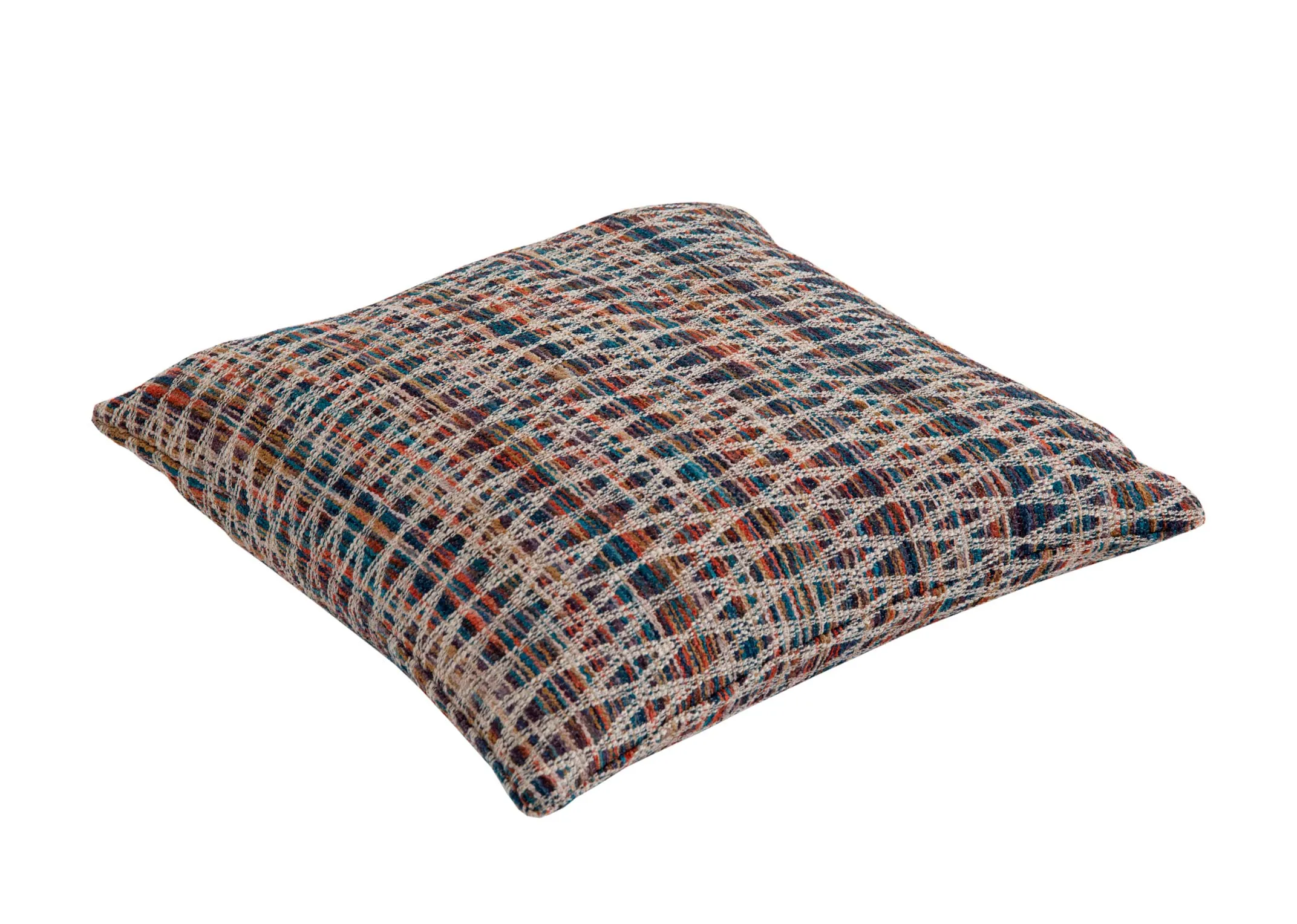 A multi color print cushion from EZ Livings Enniscrone range. Angled view.
