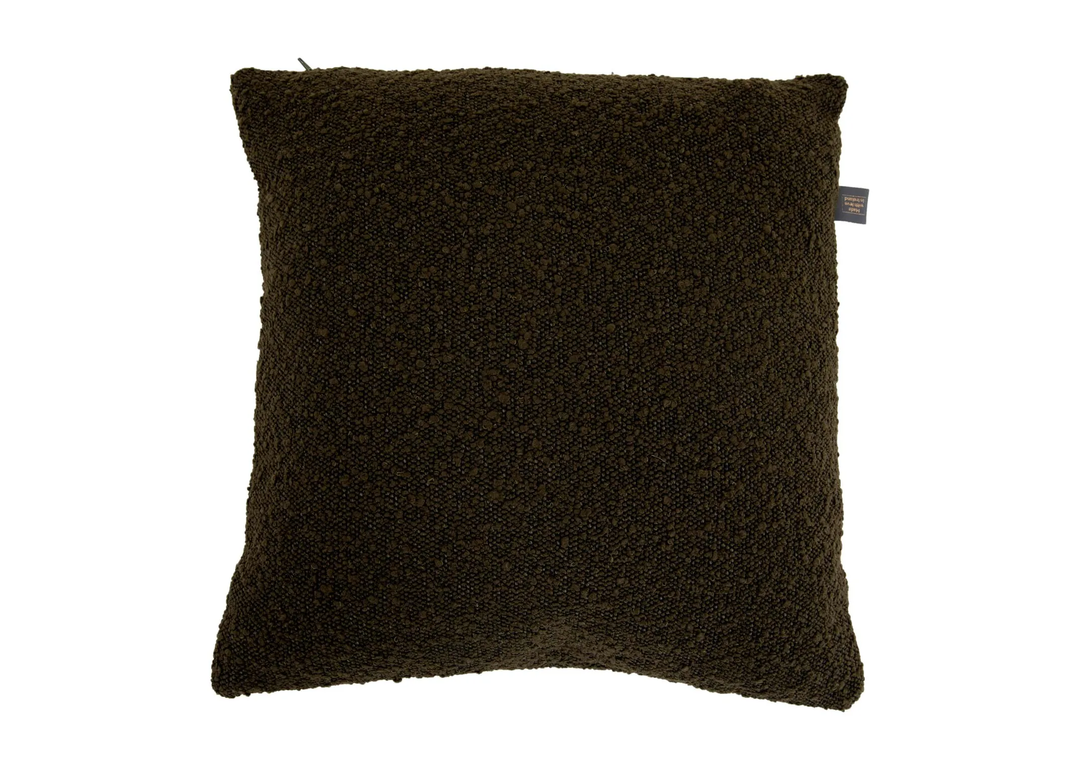 A dark green boucle cushion from EZ Livings Benbulbin range. Front view