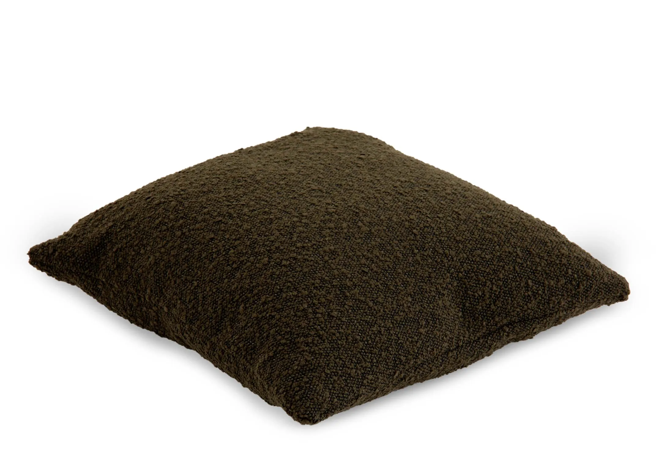 A dark green boucle cushion from EZ Livings Benbulbin range. Angled view
