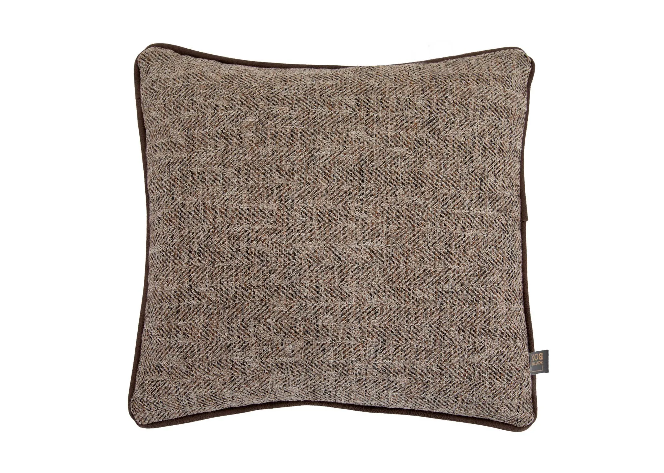 A brown tweed cushion from EZ Livings Inishmurray range. Front view of brown velvet trim.