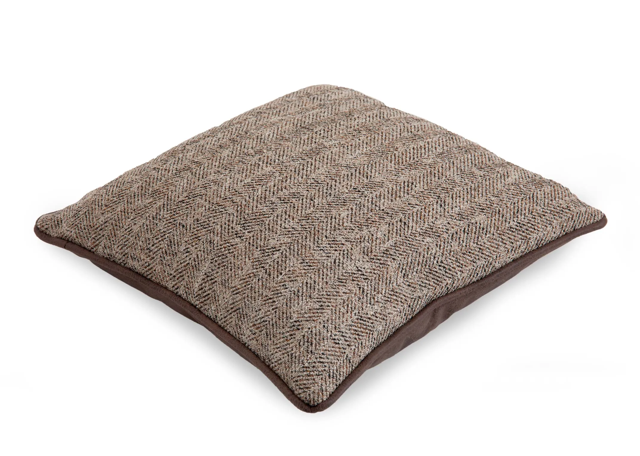 A brown tweed cushion from EZ Livings Inishmurray range. Angled view