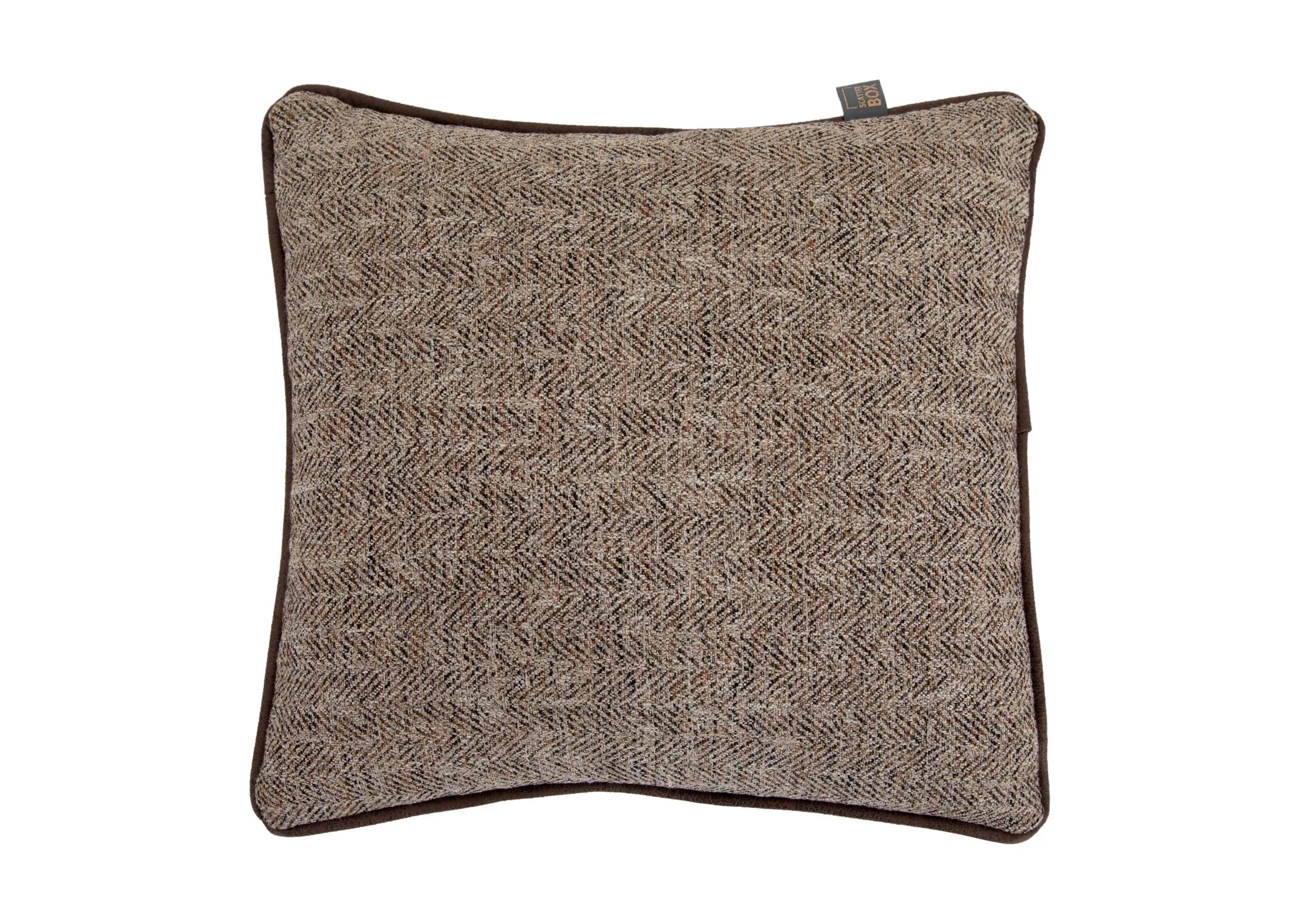 A brown tweed cushion from EZ Livings Inishmurray range. Front view of brown velvet trim.
